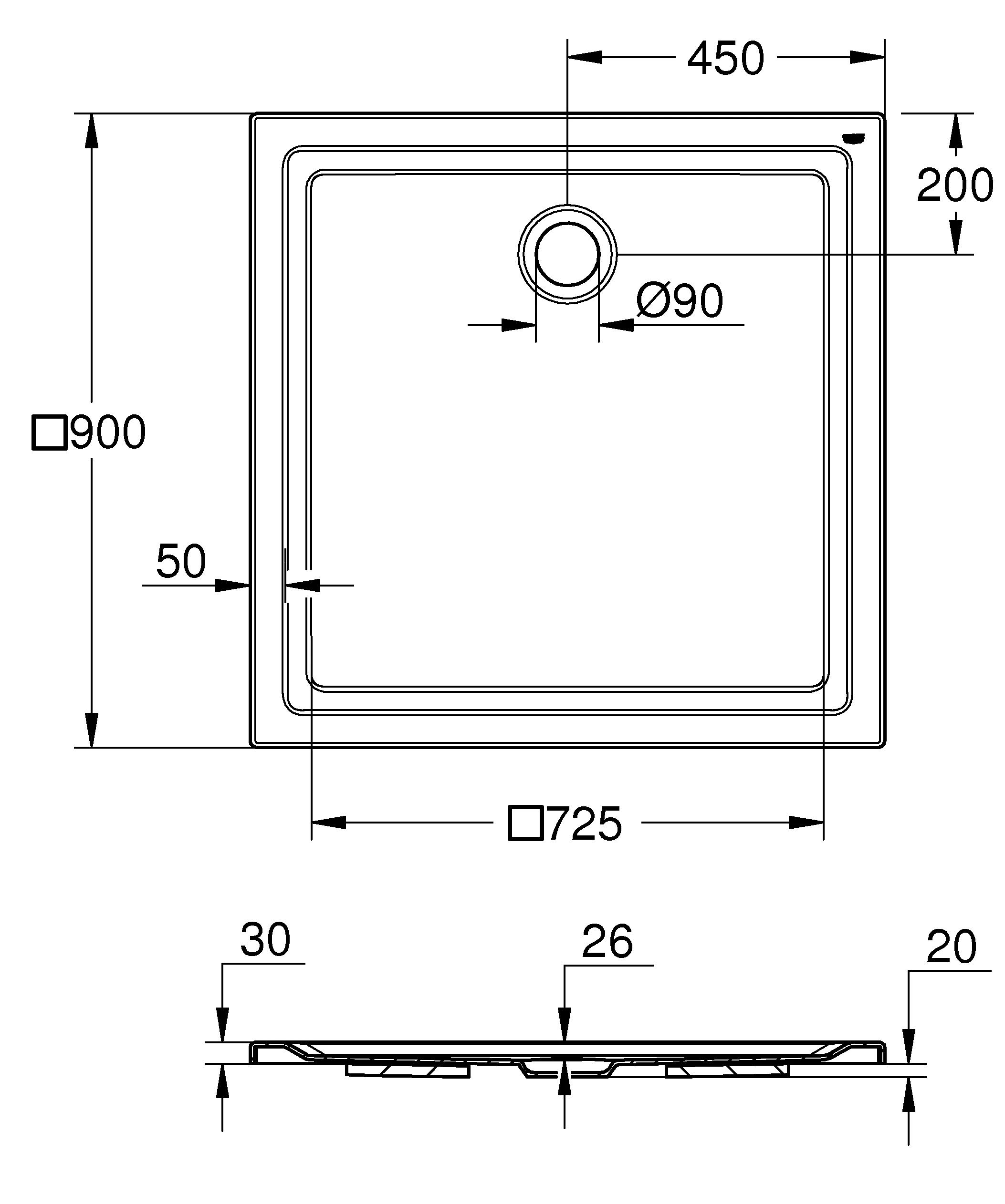 Acryl Duschwanne 39301, Maße: 900 x 900 mm, Tiefe: 30 mm, alpinweiß