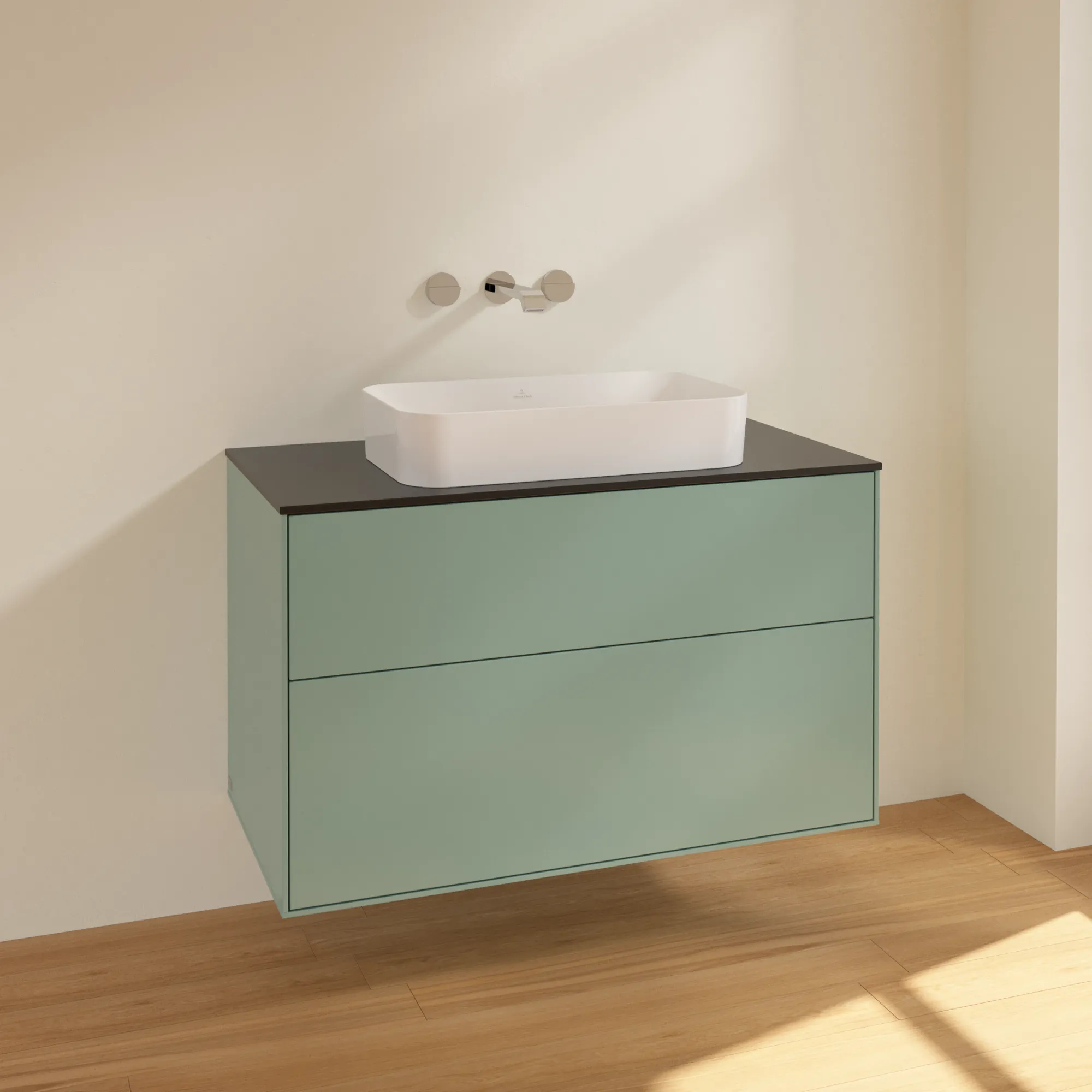 Villeroy & Boch Waschtischunterschrank „Finion“ für Schrankwaschtisch 1000 × 603 × 501 mm Olive Matt Lacquer, ohne Hahnlochbohrung, für Becken mittig