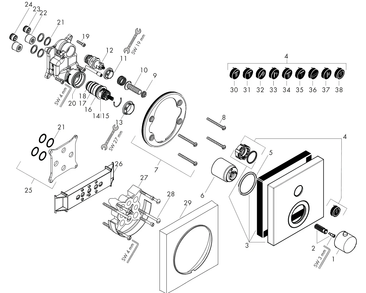 Thermostat UP Axor ShowerSelect Fertigset 1 Verbraucher quadratisch chr.