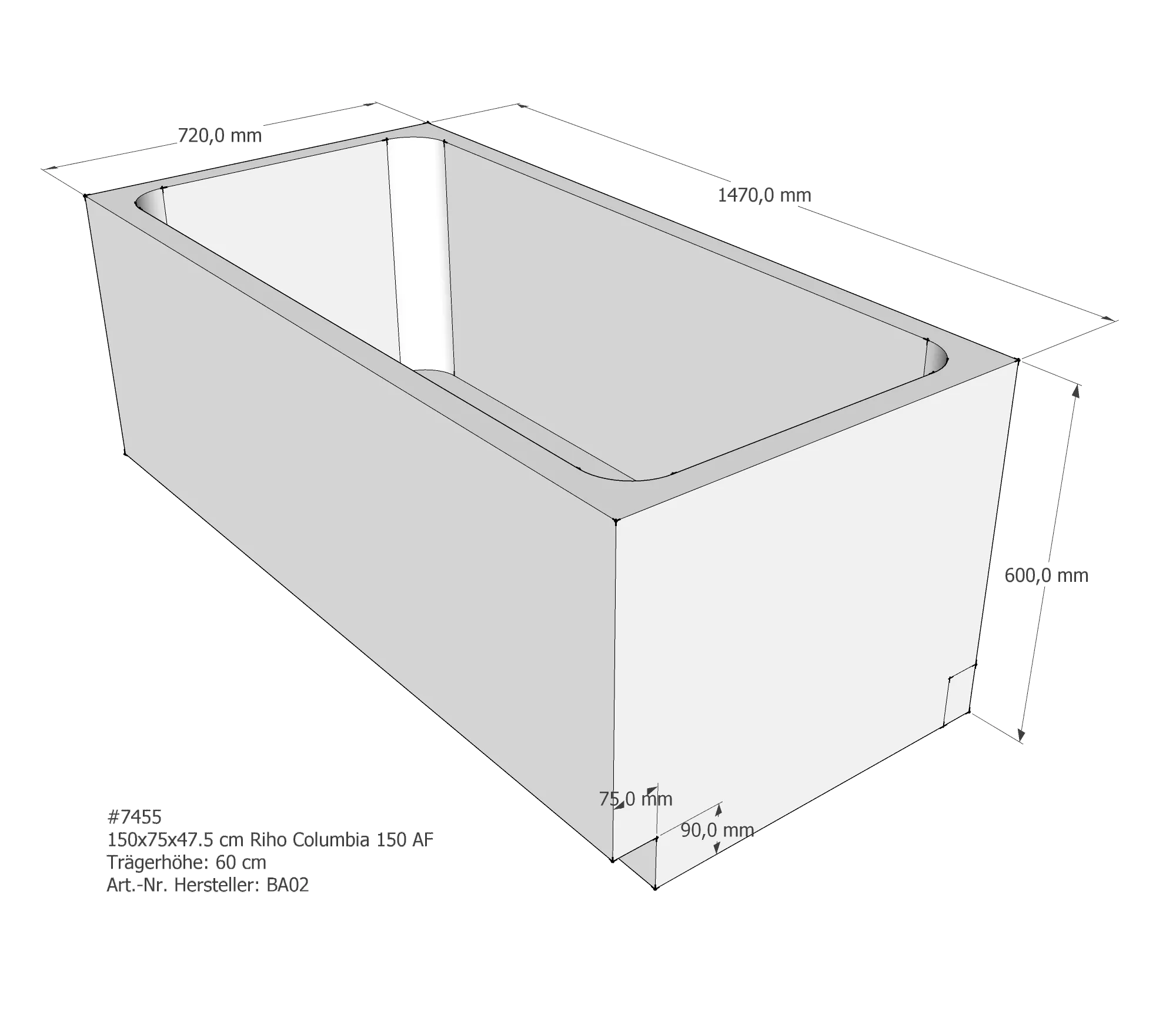 Badewannenträger für Riho Columbia 150 150 × 75 × 47,5 cm
