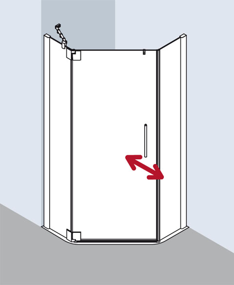 Kermi Duschabtrennung für Fünfeck-Duschwannen Pendeltür links mit Festfeldern „PASA XP“ Glas Klar, Profile Silber Mattglanz, BV: 870 - 900 mm GAK: 855 - 885 mm WE: 880 - 910 mm H: 1850 mm