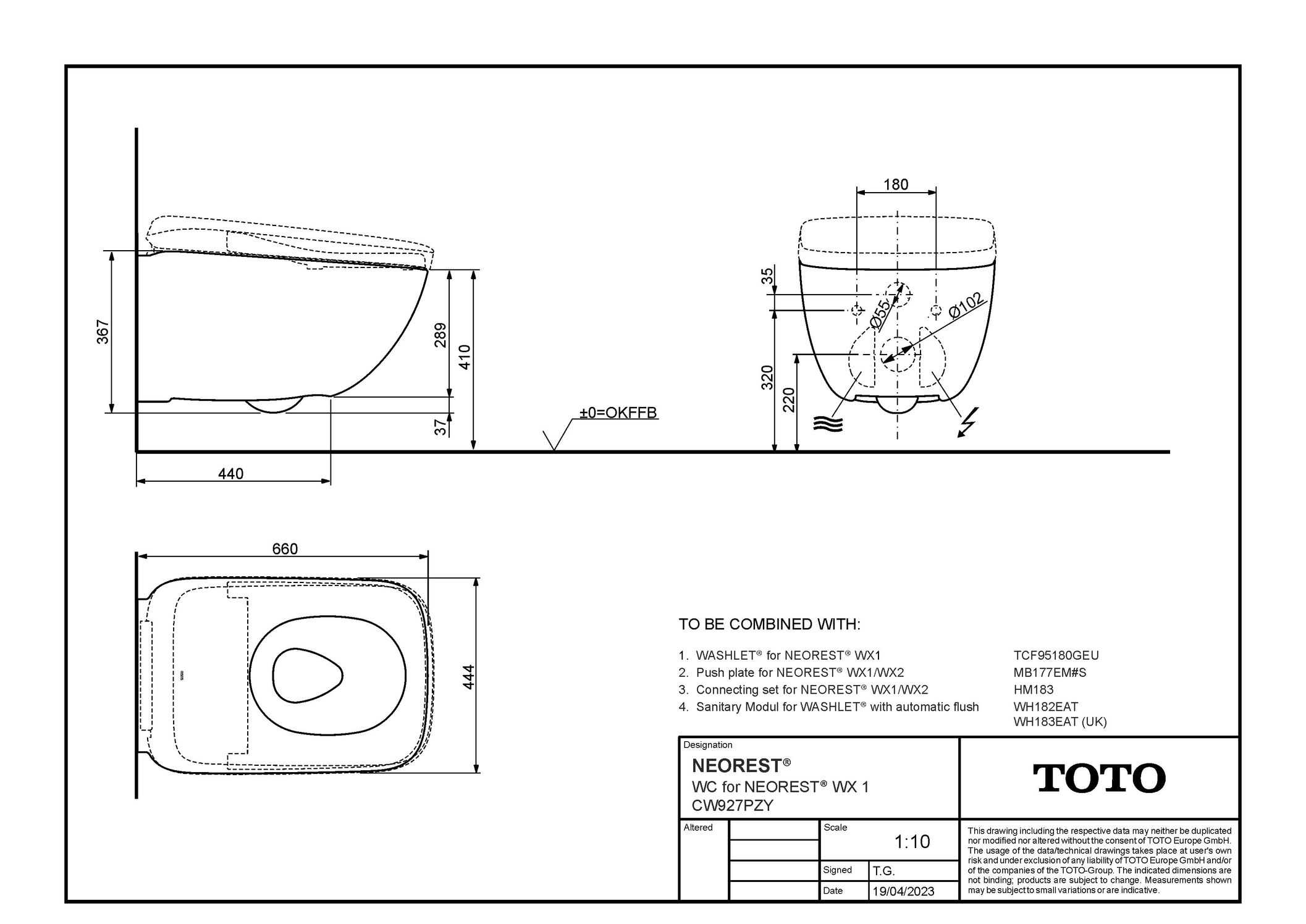 Toto Wand-Tiefspül-WC randlos, mit Tornado Flush „NEOREST® WX1“ 444 × 367 × 660 mm in weiß Toto Wand-Tiefspül-WC randlos, mit Tornado Flush „NEOREST® WX1“ 444 × 367 × 660 mm in weiß