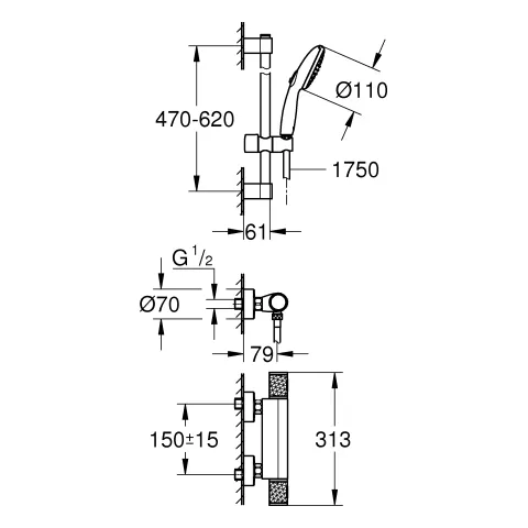 Grohe Grohtherm 1000 Performance Thermostat-Brausebatterie ½ mit Tempesta Brausestangenset 600mm chrom Grohe Grohtherm 1000 Performance Thermostat-Brausebatterie ½ mit Tempesta Brausestangenset 600mm chrom