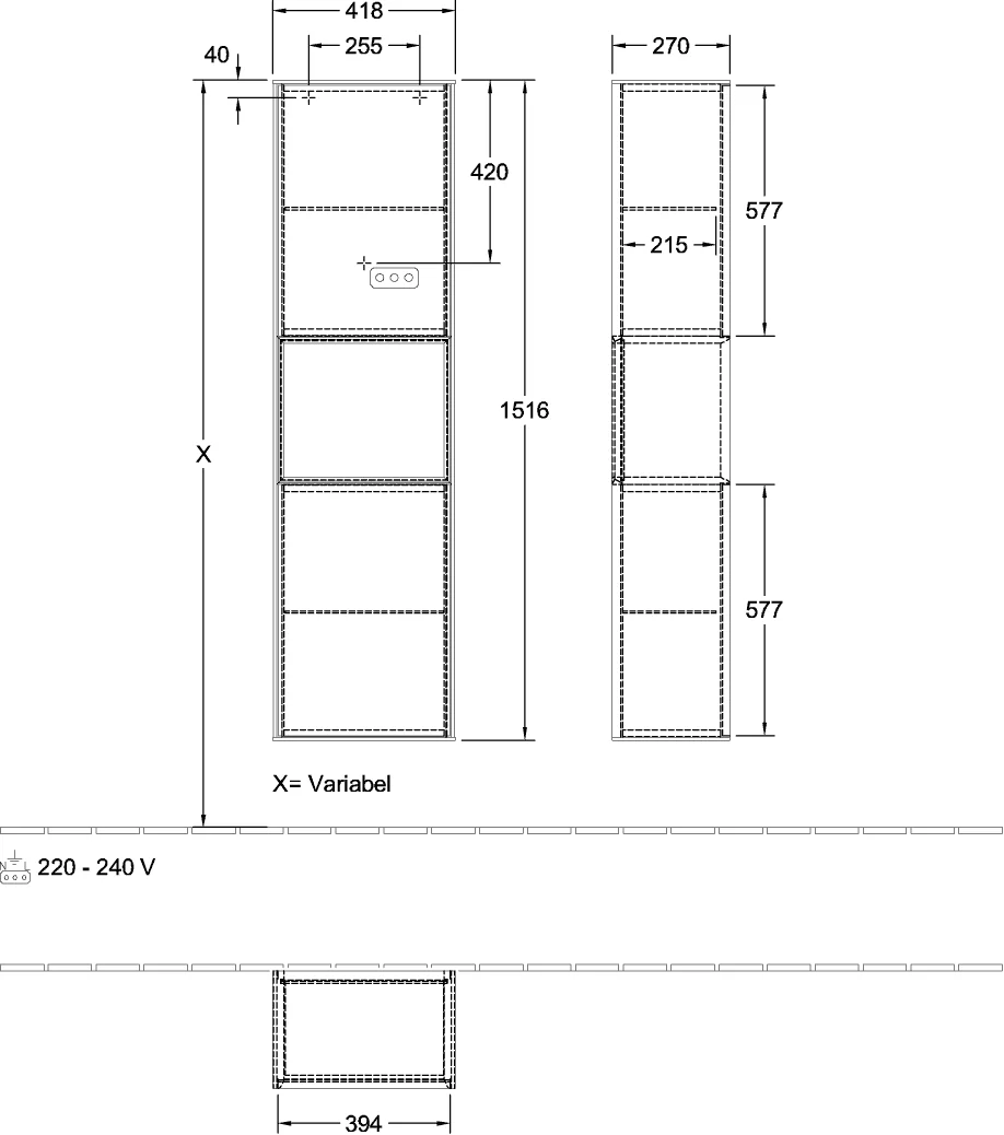 Villeroy & Boch Hochschrank Finion F47 418x1516x270mm mit Beleuchtung