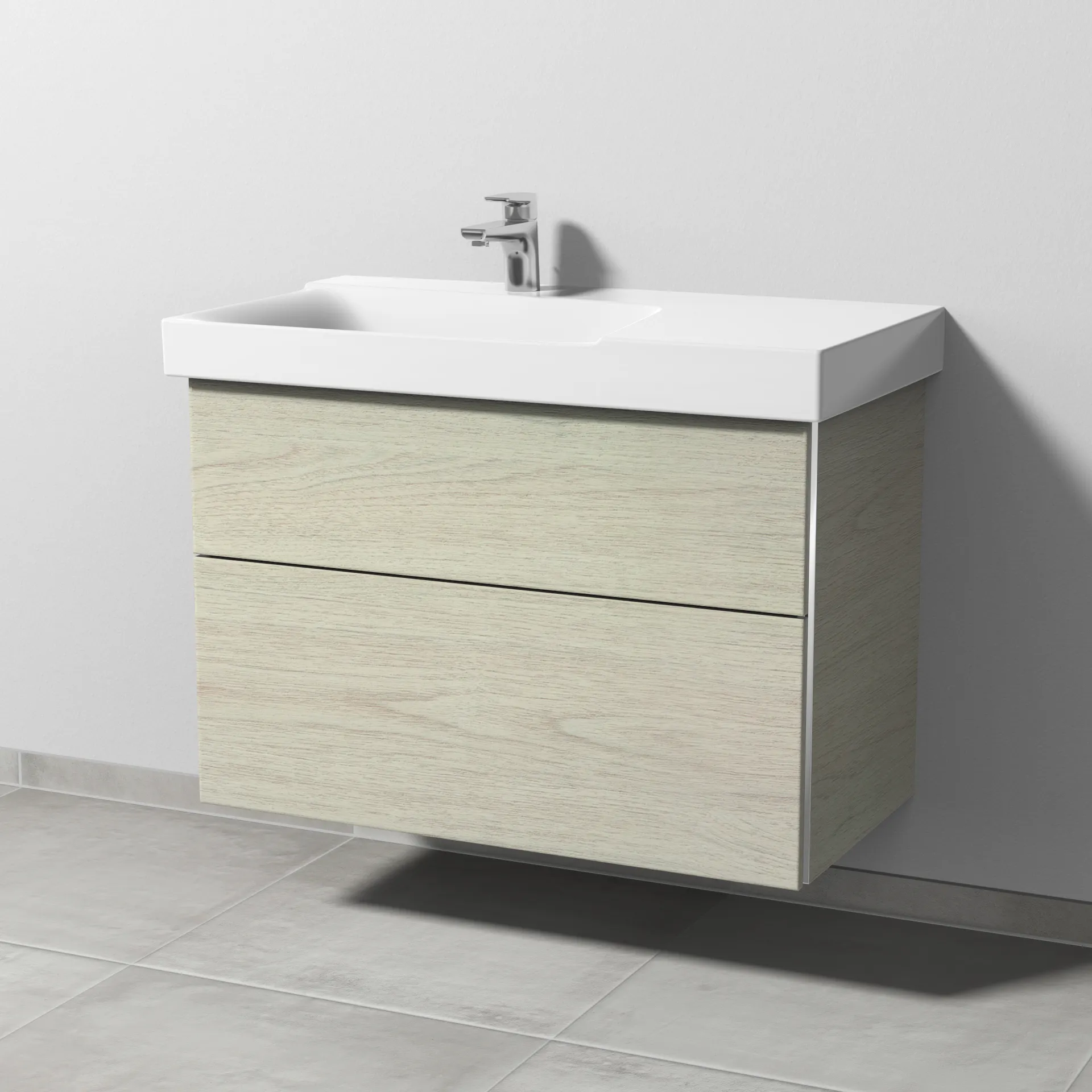Sanipa Waschtischunterschrank „3way“ passend zu Keramik-Waschtische Xeno2 von Geberit 850 × 593 × 452 mm in White Oak, Becken links