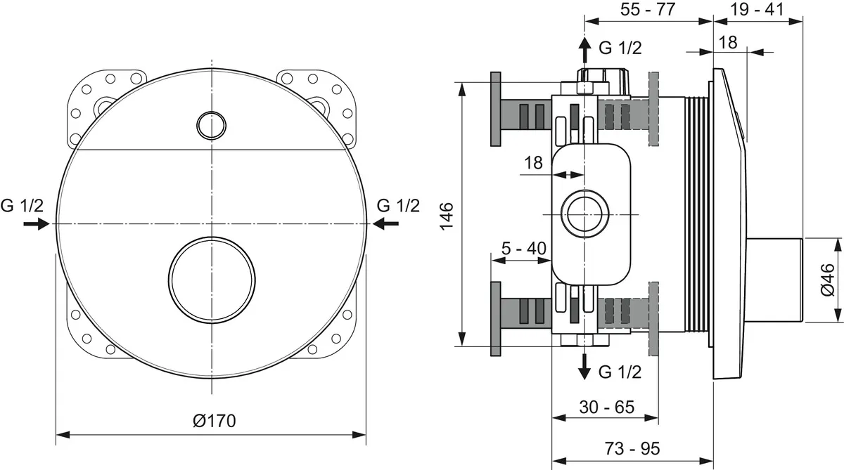 Sensor-Brausearmatur Unterputz Ceraplus, Bausatz 2, Temp.ü.Spez.Wkz., Batt., Rosettendurchmesser:170mm, Chrom