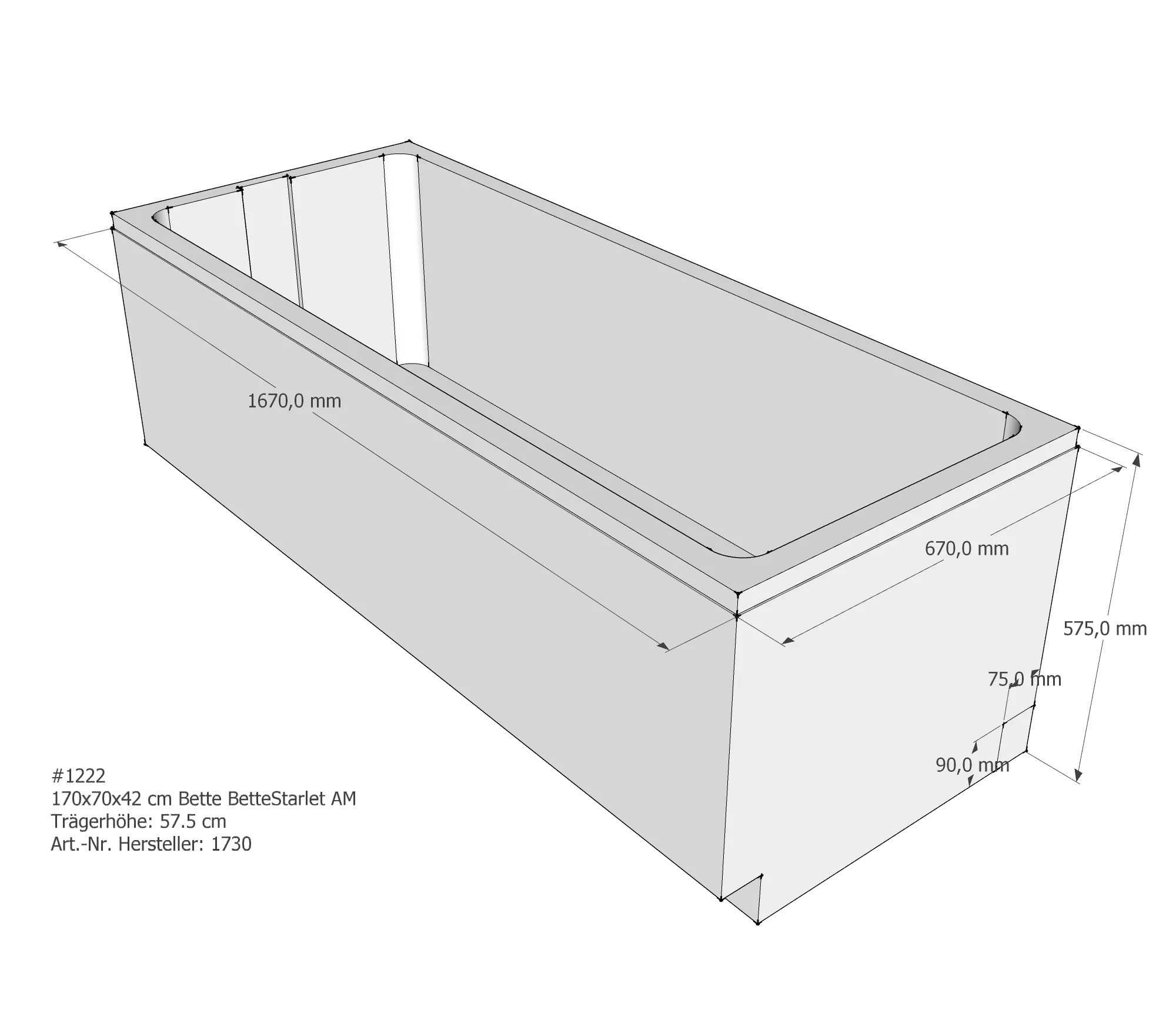 Badewannenträger für Bette Starlet 170 × 70 × 42 cm Breite: 70 cm / Länge: 170 cm