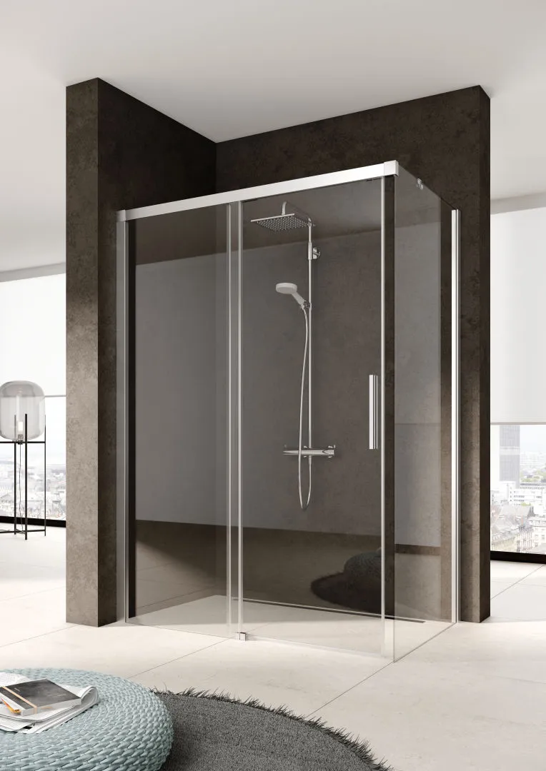 Kermi Duschtür Gleittür 2-teilig bodenfrei mit Festfeld links für Ecke „NICA“ Glas Klar, Profile Silber Hochglanz, BV: 975 - 1000 mm GAK: 970 - 995 mm WE: 985 - 1010 mm H: 1850 mm