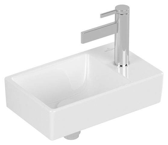 Handwaschbecken „Avento“, ohne Überlauf, links, mit Hahnlochbohrung 22 × 36 cm in Weiß Alpin