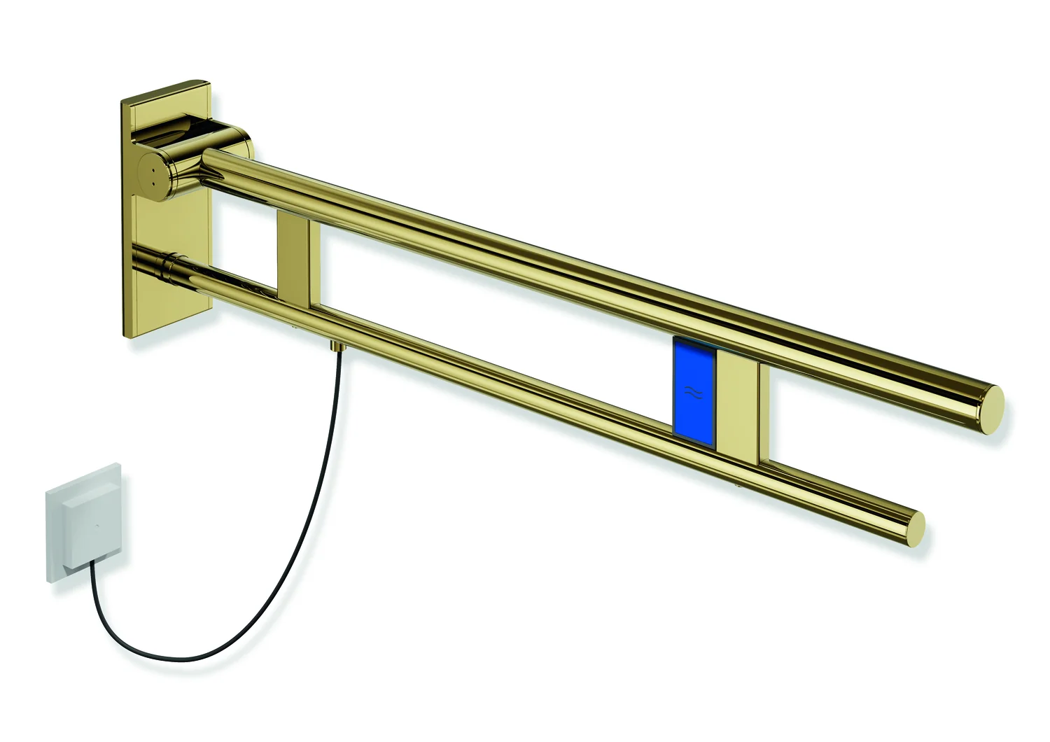 HEWI Stützklappgriff Duo System 900, Design A, Edelstahl PVD gold glänzend, Ausladung 850 mm, Spülauslösung links