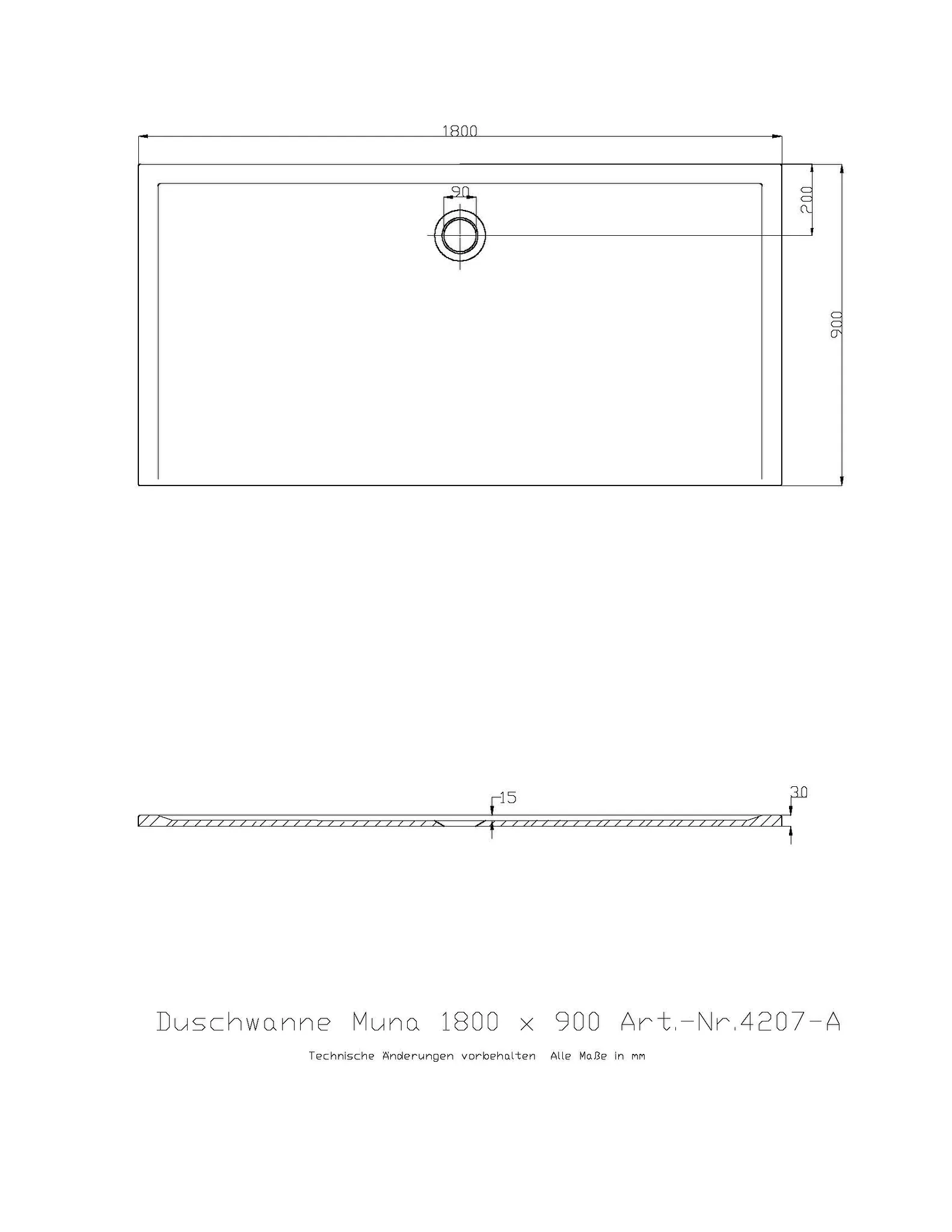 Duschwanne „Muna“ Rechteck 180 × 90 cm in Telegrau