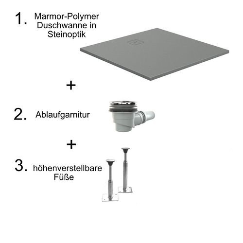 HSK rechteck Marmor-Polymer-Duschwanne „Steinoptik“ 75 × 100 cm in Weiß