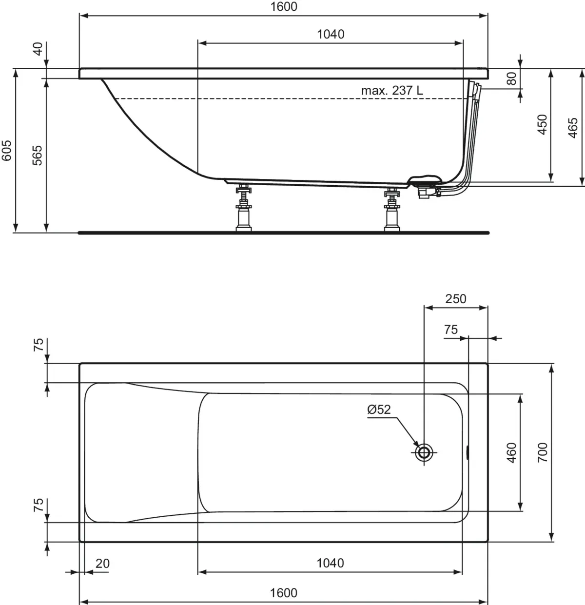 Ideal Standard Badewanne „ConnectAir“ 70 × 160 cm