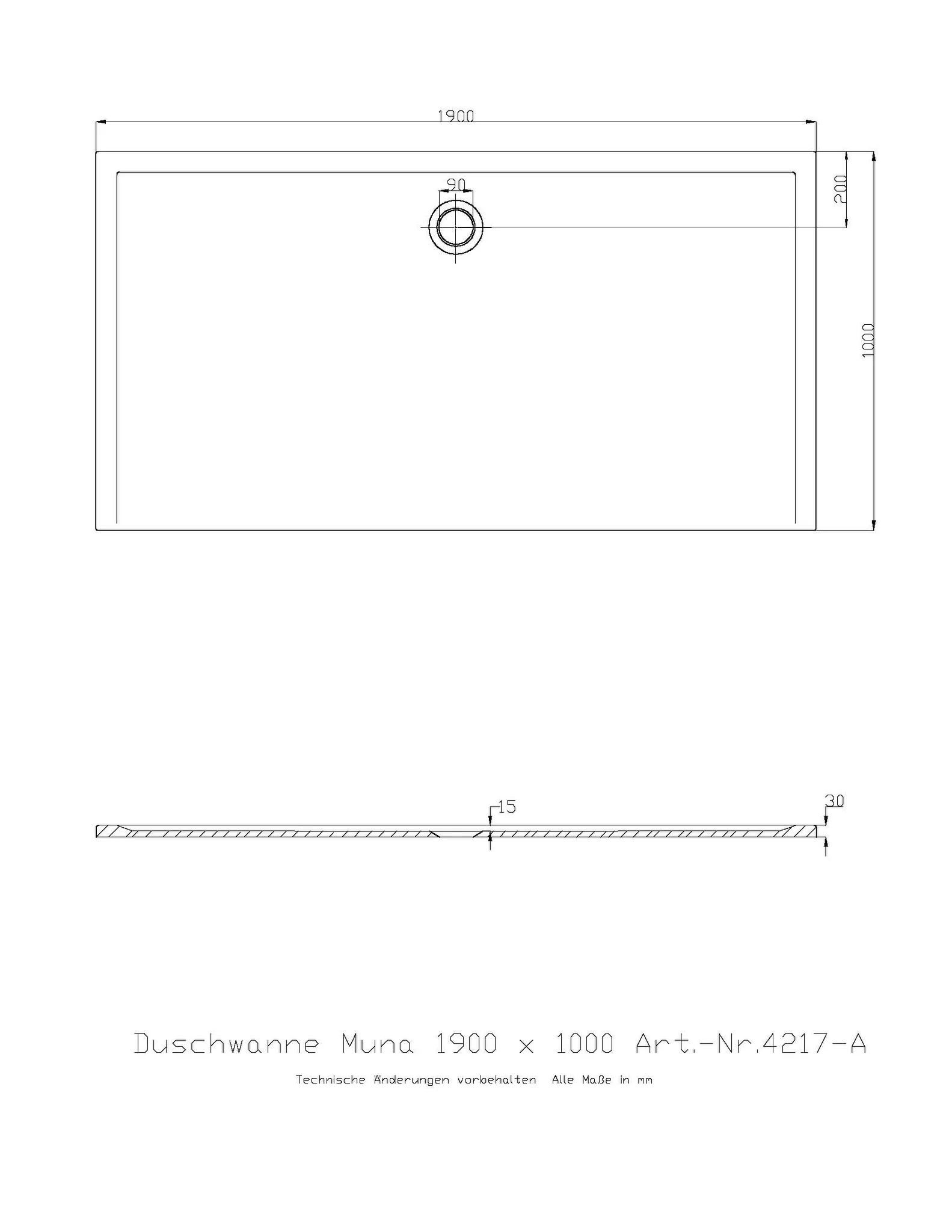 Duschwanne „Muna“ Rechteck 190 × 100 cm in Steingrau