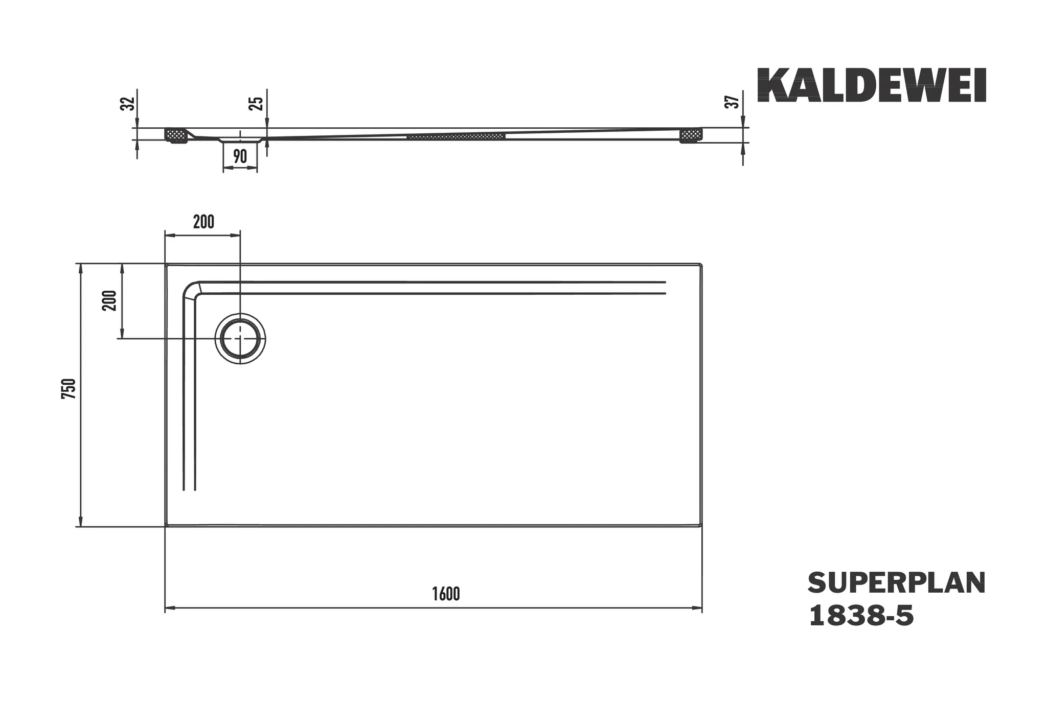 Kaldewei SUPERPLAN MIT WANNENTRÄGER EXTRAFLACH Duschfläche, 750x1600 mm, cool grey 70, 32 mm Randhöhe, 25 mm Tiefe, Eckablauf, MADE IN GERMANY