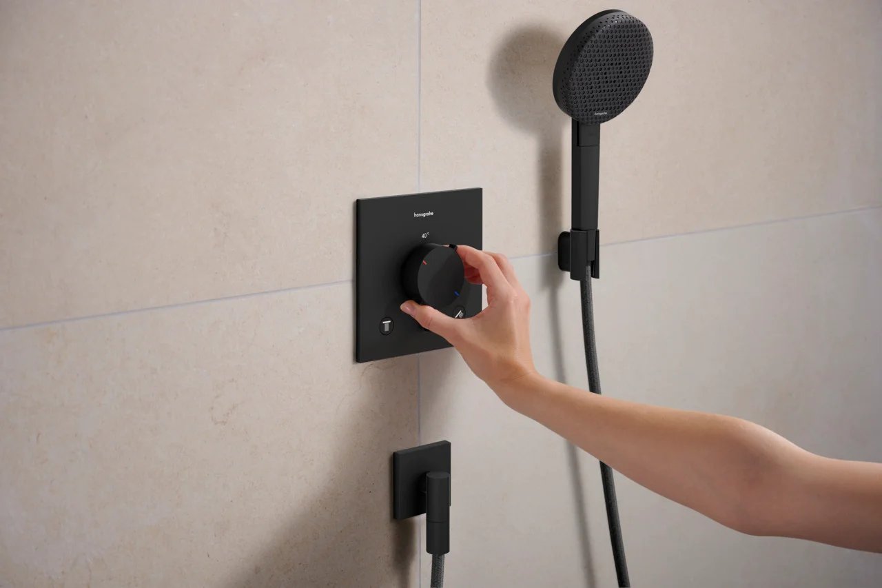 Hansgrohe Ecostat Comfort E Thermostat Unterputz, 2 Verbraucher, Mattschwarz, iBox universal 2, mit Tasten Rain klein, Rain groß, Handbrause, Schwall und Wanne