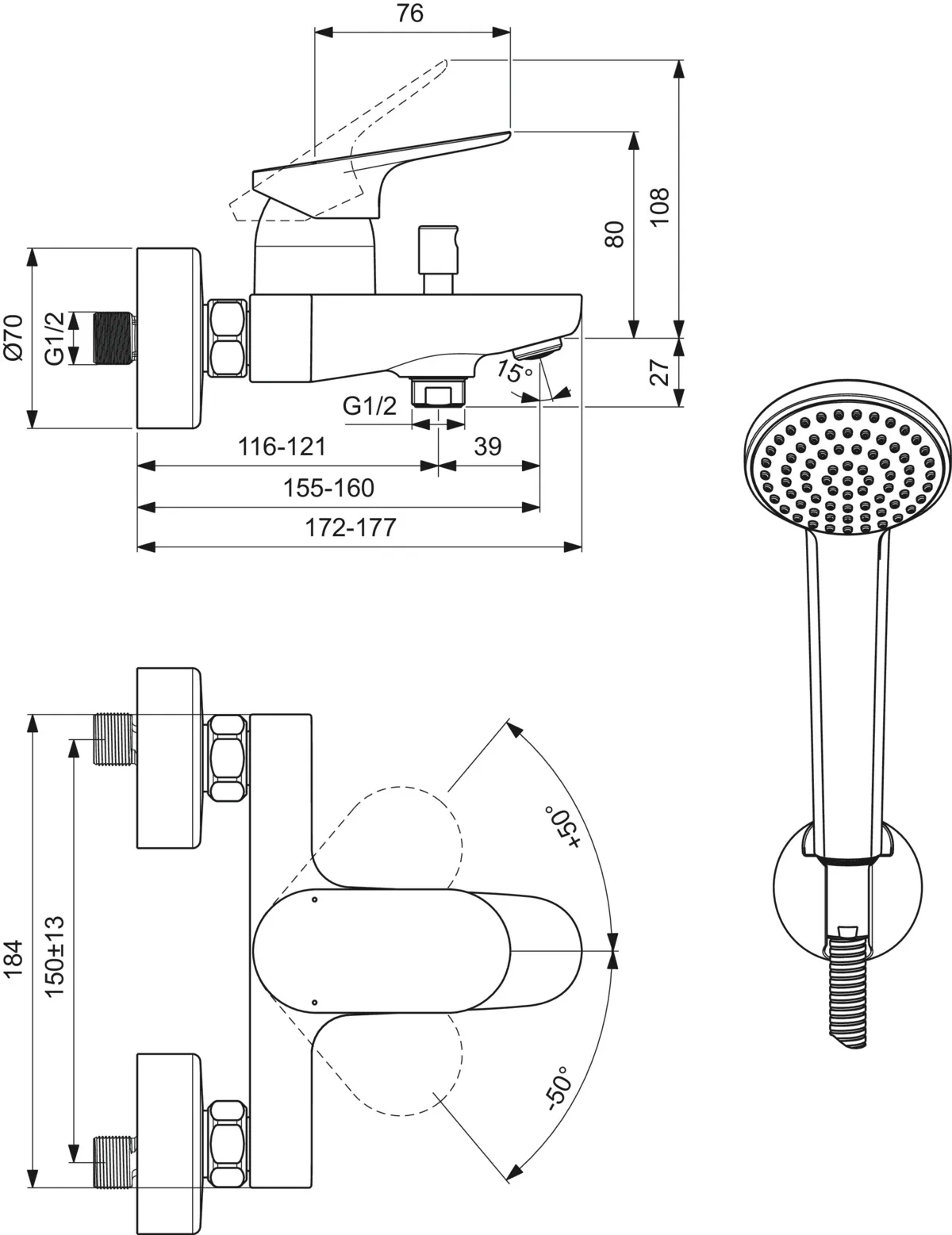 Ideal Standard Badearmatur Aufputz Ceralife O mit Handbrause-Set Chrom