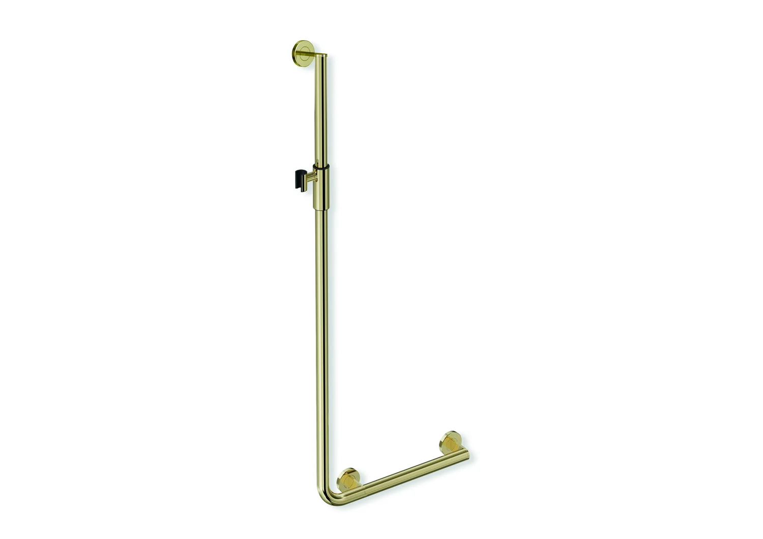 HEWI Winkelgriff mit Brausehalter, Edelstahl, PVD, waagerechte Länge 450 mm, senkrechte Länge 1250 mm, D: 32 mm, Ausführung rechts