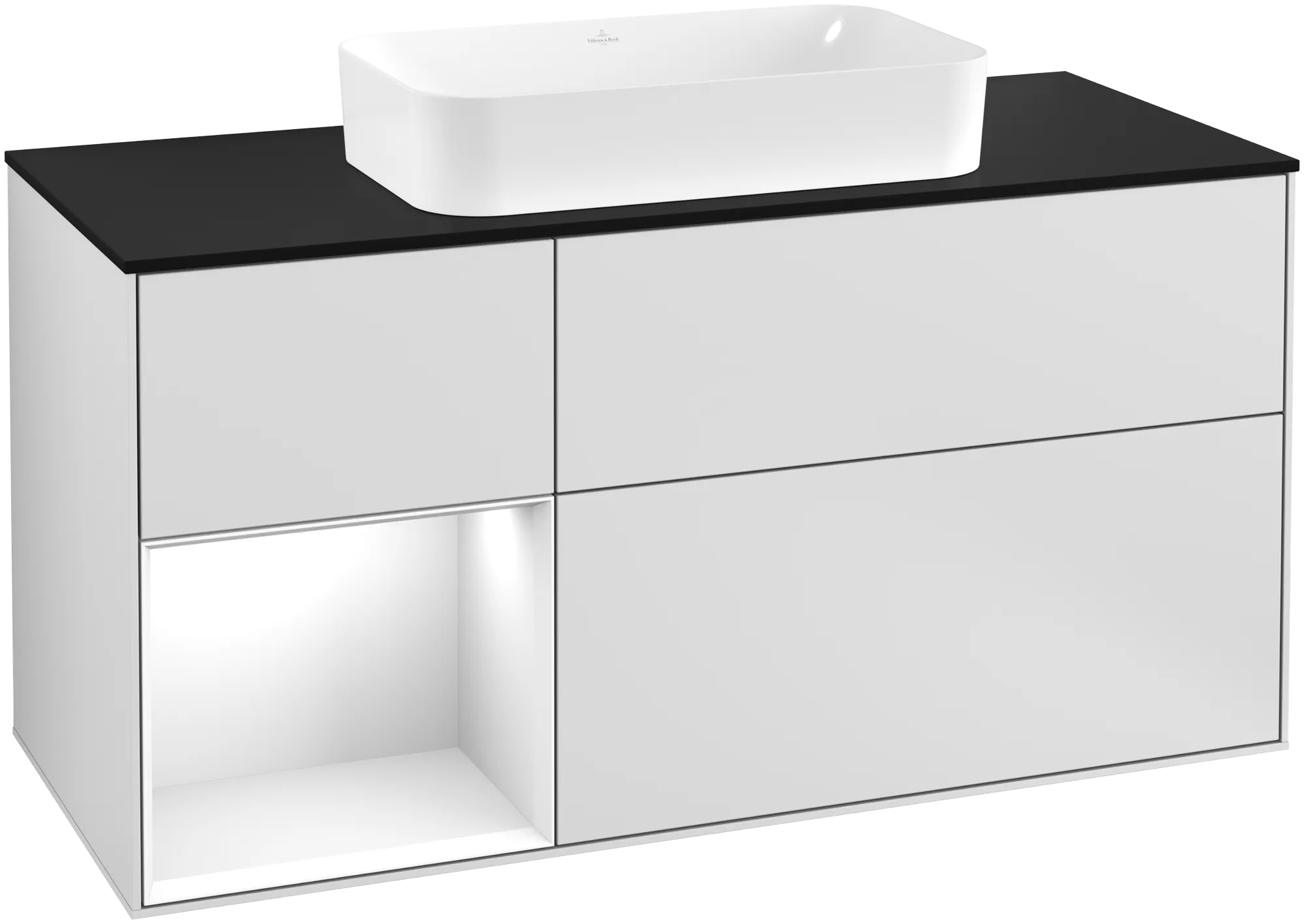 Villeroy & Boch Waschbeckenunterschrank Finion G29, 1200x603x501mm, White Matt Lacquer / Glossy White Lacquer / Glass Black Matt