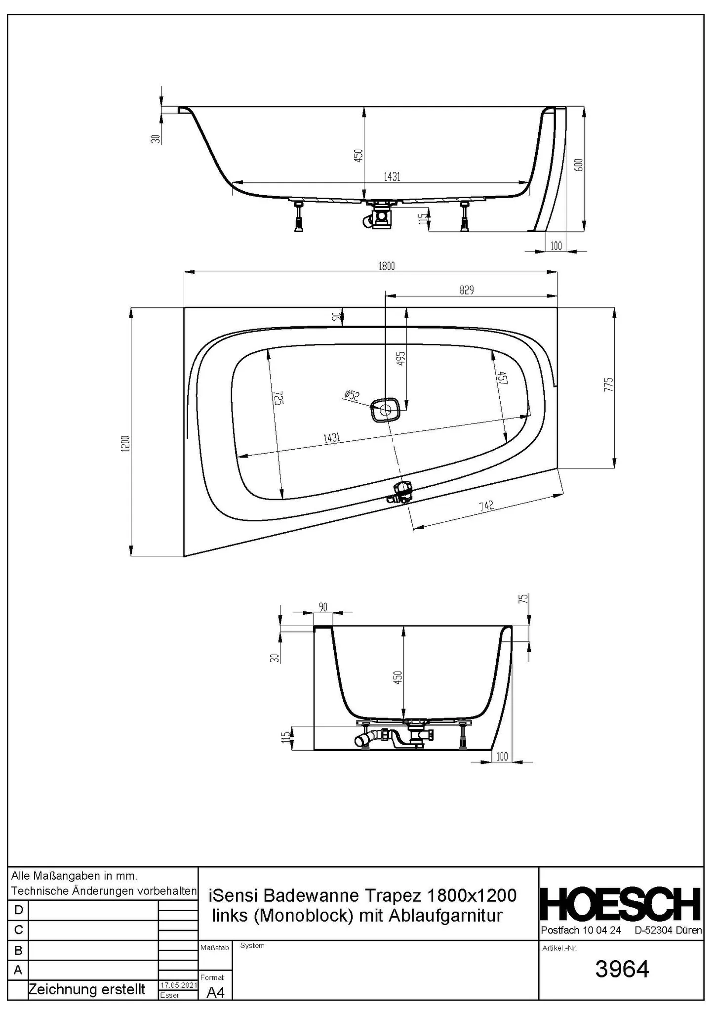 Hoesch Badewanne „iSensi“ Monolith trapez 180 × 120 cm, mit Schürze, links in Weiß