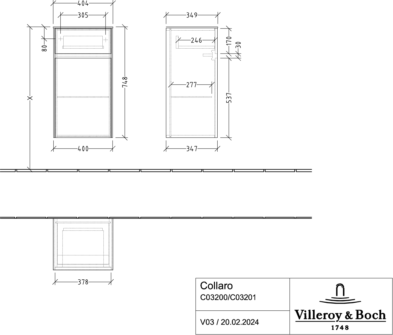 Villeroy & Boch Collaro Seitenschrank C03201 404x748x349mm Glossy White