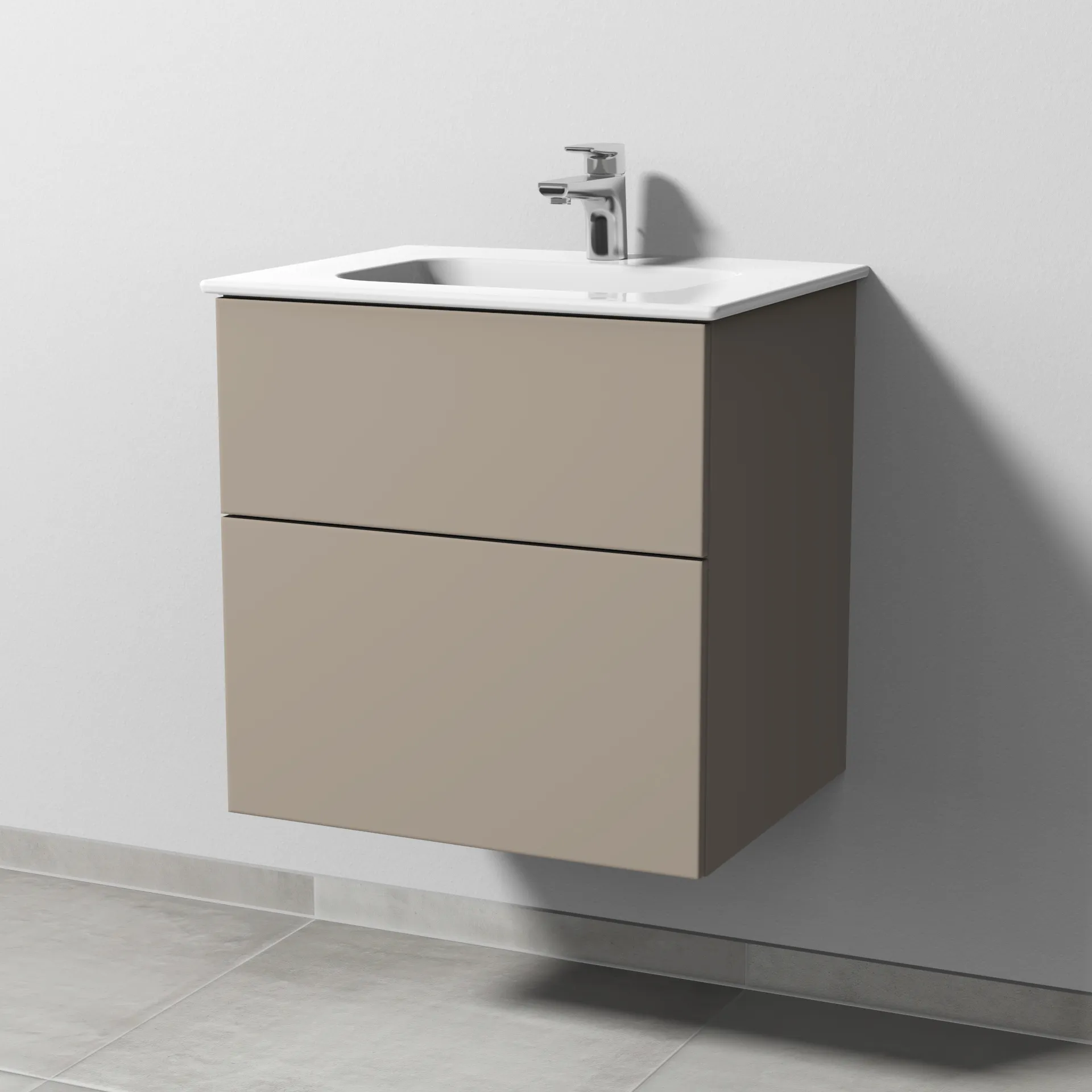 Keramik-Waschtisch-Set mit Waschtischunterschrank „3way“ 57 × 46 × 58,2 cm in Sandgrau (matt), mit Hahnlochbohrung, Becken mittig Keramik-Waschtisch-Set mit Waschtischunterschrank „3way“ 57 × 46 × 58,2 cm in Sandgrau (matt), mit Hahnlochbohrung, Becken mittig