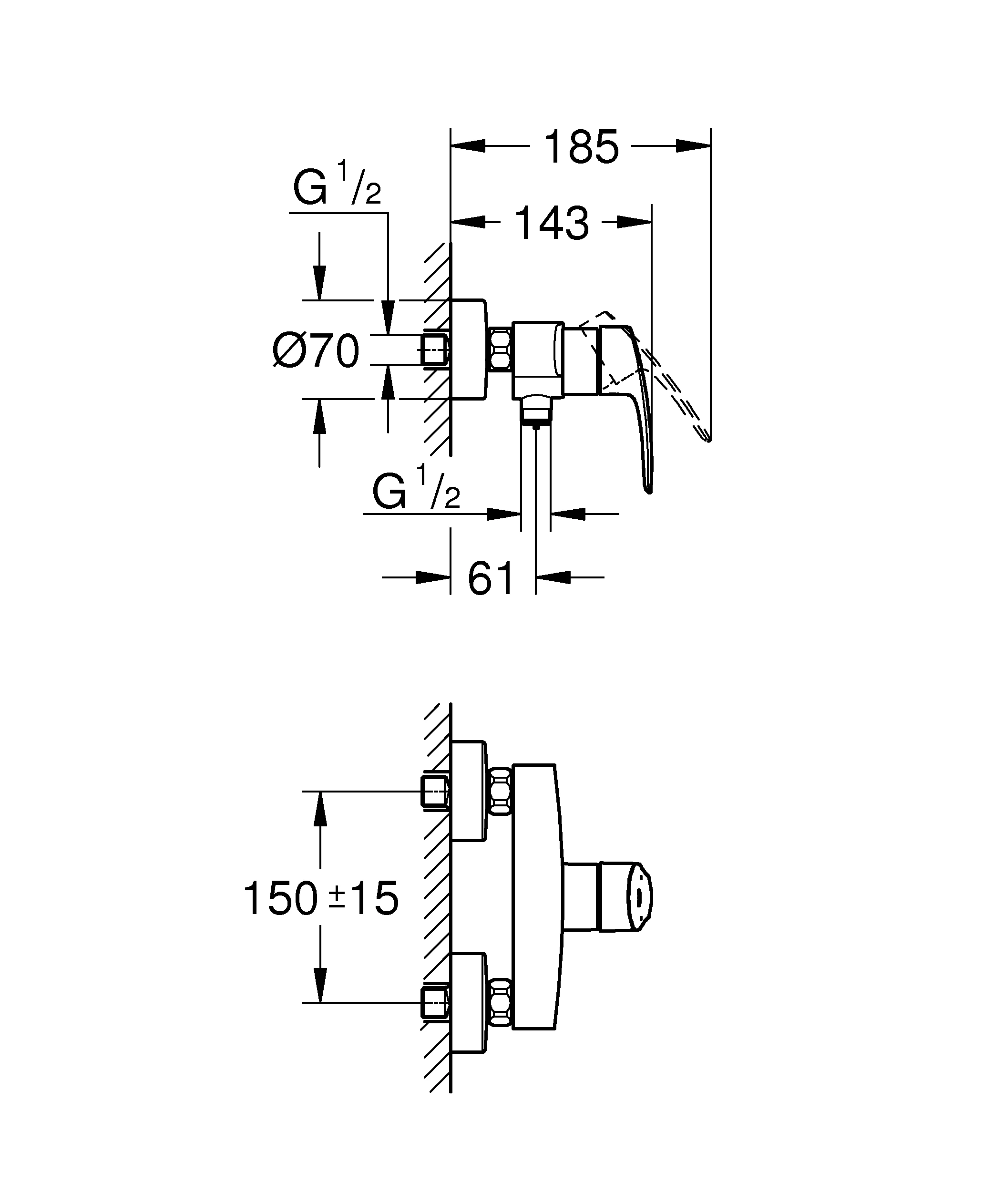 Einhand-Brausebatterie Eurosmart 33555_3, Wandmontage, Temperaturbegrenzer, S-Anschlüsse, eigensicher, chrom