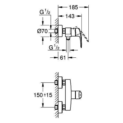Einhand-Brausebatterie Eurosmart 33555_3, Wandmontage, Temperaturbegrenzer, S-Anschlüsse, eigensicher, chrom Einhand-Brausebatterie Eurosmart 33555_3, Wandmontage, Temperaturbegrenzer, S-Anschlüsse, eigensicher, chrom