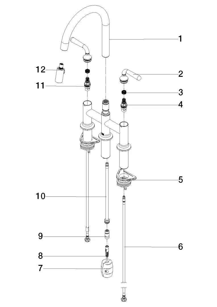 Dornbracht VAIA Dreiloch-Brückenbatterie Pull-down mit Brausefunktion - Chrom gebürstet (Edelstahl-Look), Ausladung 240 mm, schwenkbarer Auslauf 360°, Metallbrauseschlauch 1800 mm