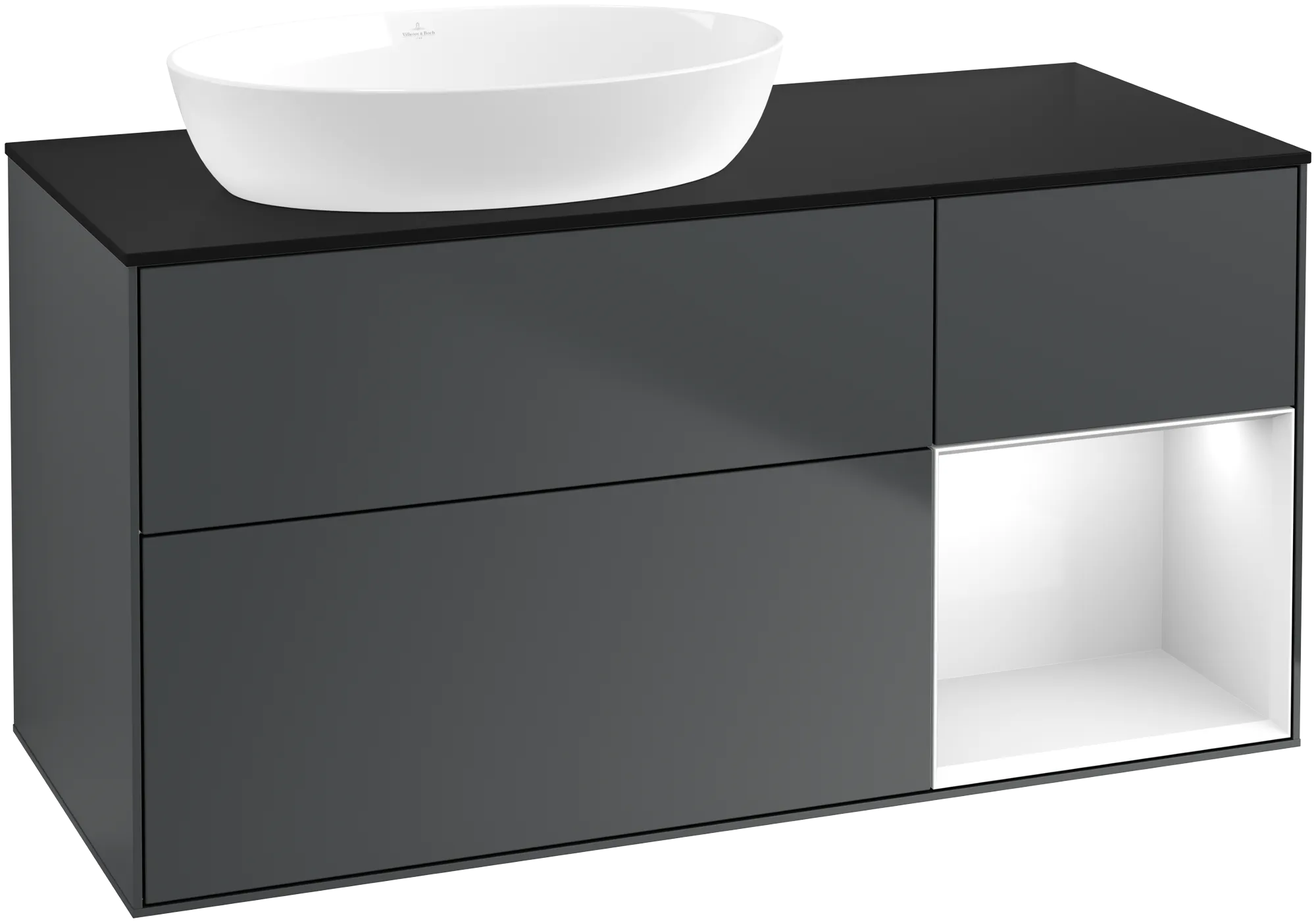 Villeroy & Boch Finion Waschbeckenunterschrank FA5, 1200x603x501mm, Midnight Blue Matt Lacquer / Glossy White Lacquer / Glass Black Matt