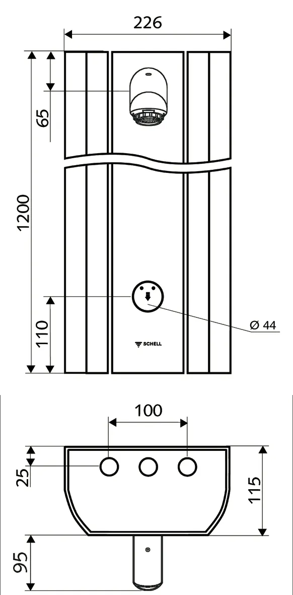 Duschpaneel LINUS DP-SC-V, Vorgemischtes Wasser, Selbstschluss, Duschkopf Aerosolarm, DN 15 G 1/2 AG, B 226 mm x H 1200 mm x T 115 mm, Aluminium gebürstet, eloxiert