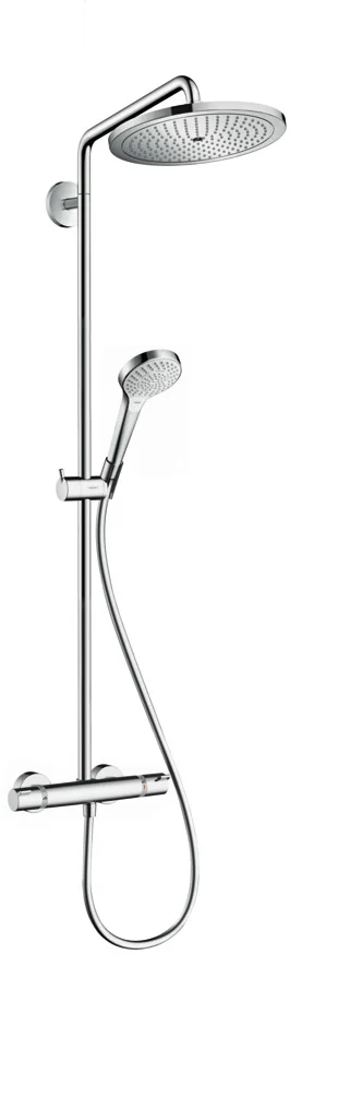 Hansgrohe Croma Select S Showerpipe 280 chrom, 1-Jet mit Thermostat, RainAir Strahl, 400 mm Brausearmlänge, höhenverstellbare Handbrausehalterung
