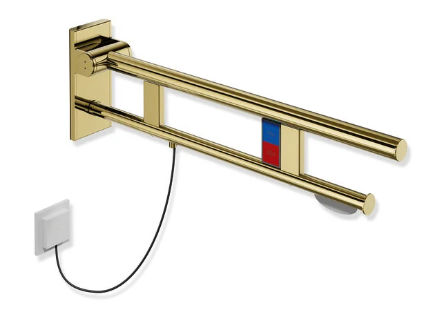 HEWI Stützklappgriff Duo System 900 Design A, Edelstahl PVD gold glänzend, Ausladung 700 mm, mit WC-Papierhalter und Spül-/Funktionstasten links