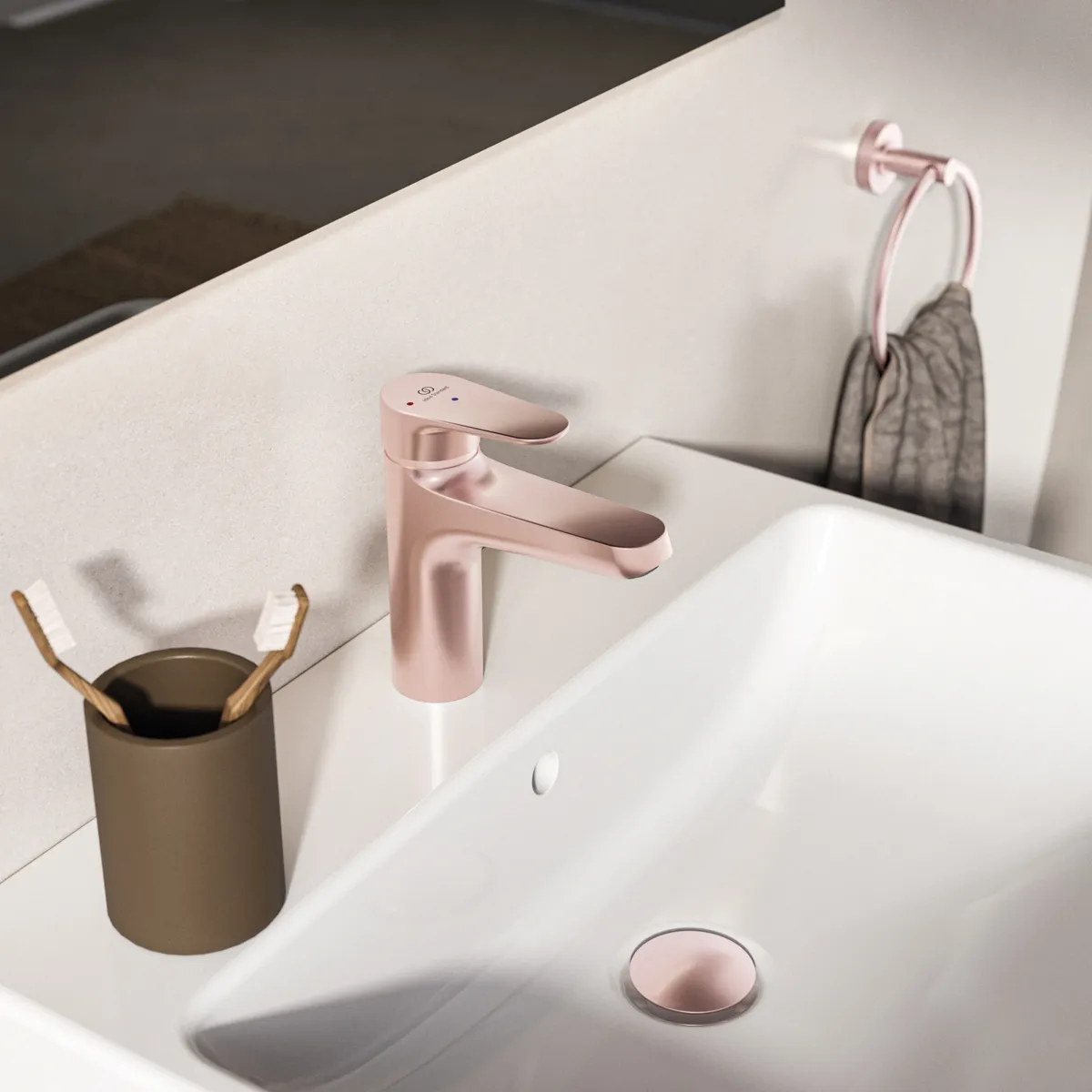 Ideal Standard Waschischarmatur Alu+ Ausladung 120mm BlueStart mit Ablaufgarnitur Rose