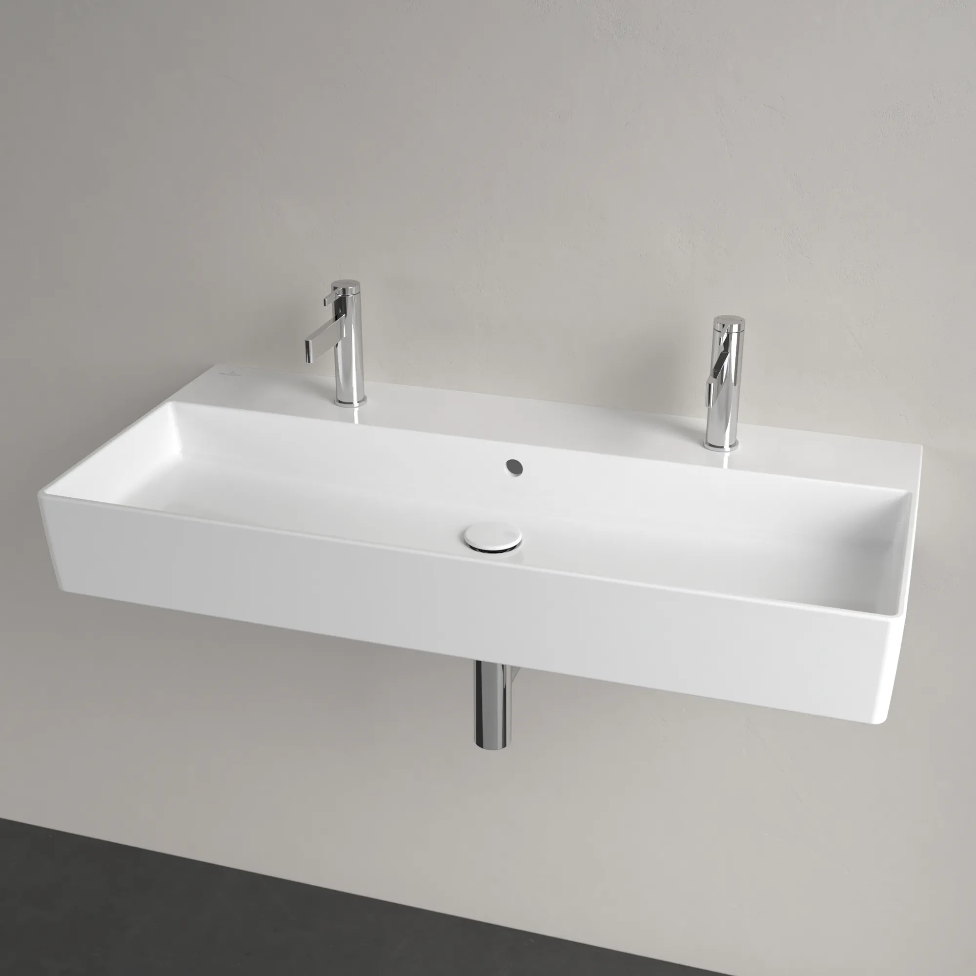 Villeroy & Boch Wandwaschtisch aus TitanCeram geschliffen „Memento 2.0“ 1000 × 470 × 135 mm, Hahnlochposition links und rechts, mit Hahnlochbohrung in Weiß Alpin