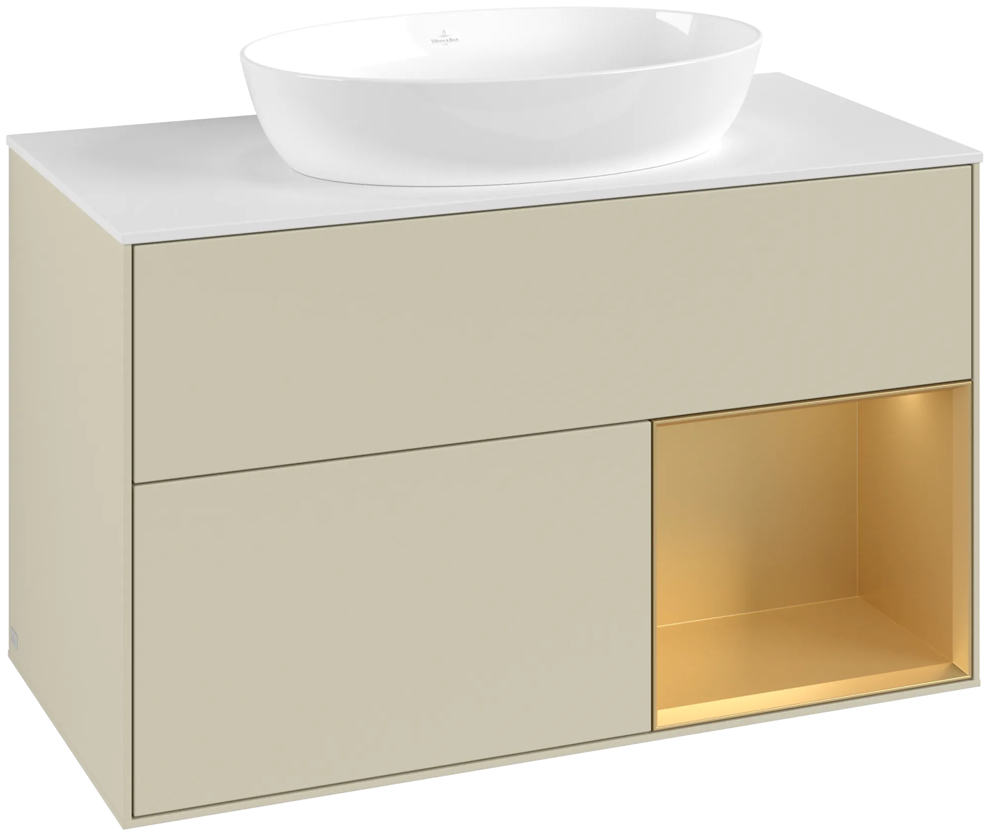 Villeroy & Boch Finion Waschbeckenunterschrank FA2, 1000 x 603 x 501 mm, Silk Grey Matt Lacquer / Gold Matt Lacquer / Glass White Matt