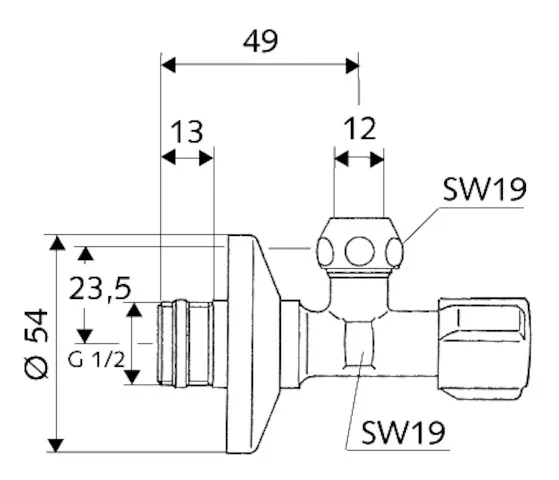 Eckventil mit Regulierfunktion COMFORT, COMFORT-Griff, Schubrosette Ø 54 mm, DN 15 G 1/2 AG mit ASAG easy, Ø 12 mm (DN 15 G 1/2 AG), chrom