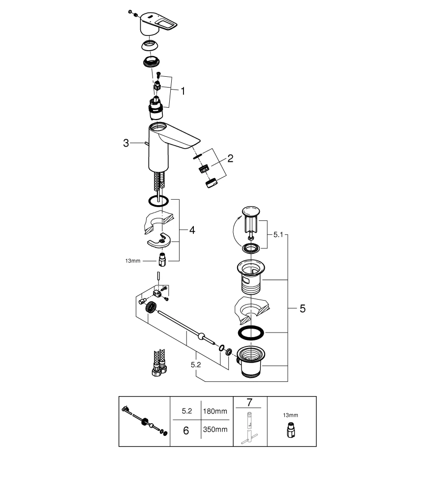 Einhand-Waschtischbatterie BauLoop 23885_1, M-Size, Einlochmontage, mit Temperaturbegrenzer, LowFlow 3,5 l/min Mousseur, Zugstangen-Ablaufgarnitur aus Kunststoff 1 1/4″, chrom