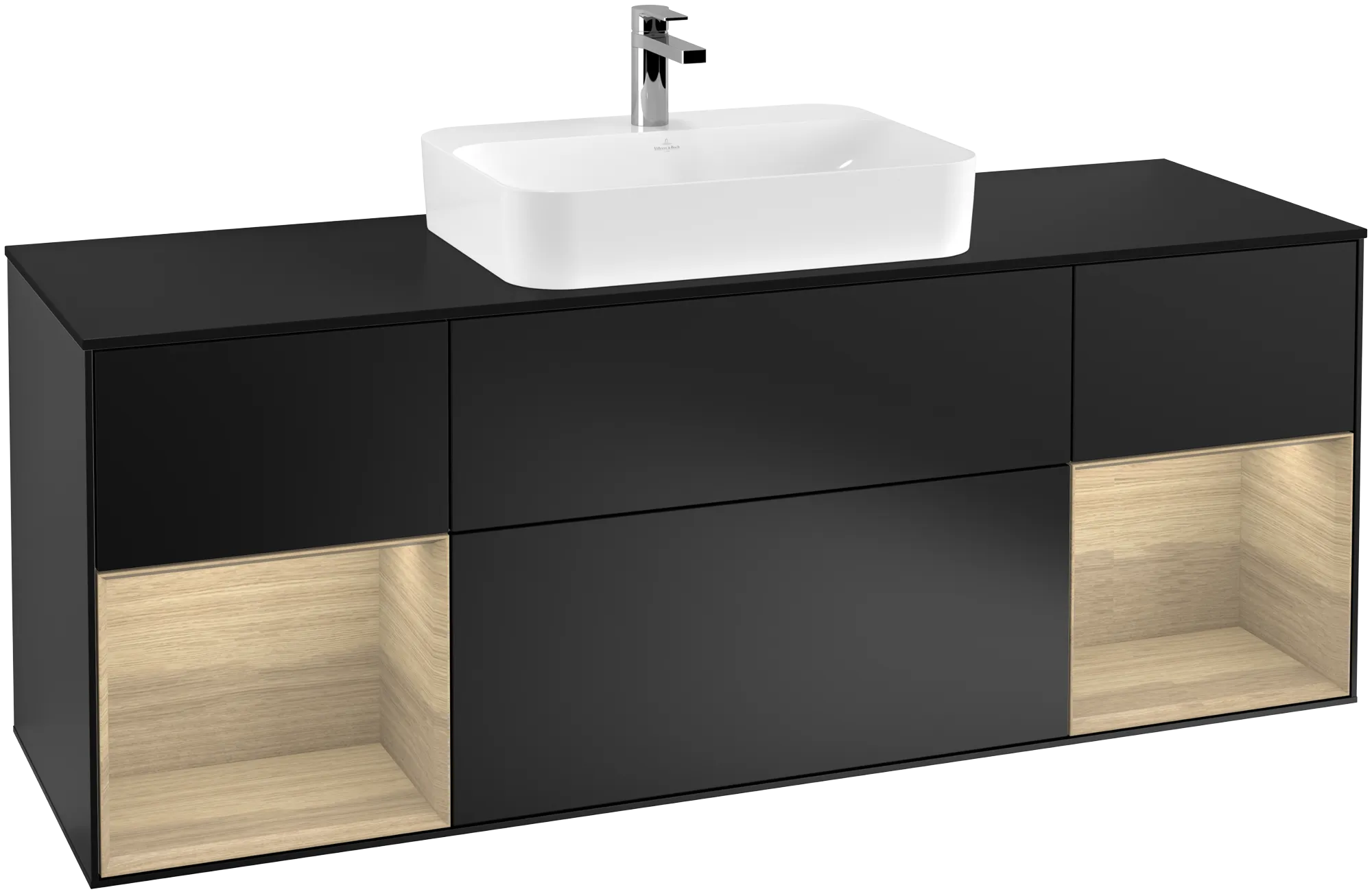 Villeroy & Boch Finion Waschbeckenunterschrank G45, 1600x603x501mm, Black Matt Lacquer / Oak Veneer / Glass Black Matt