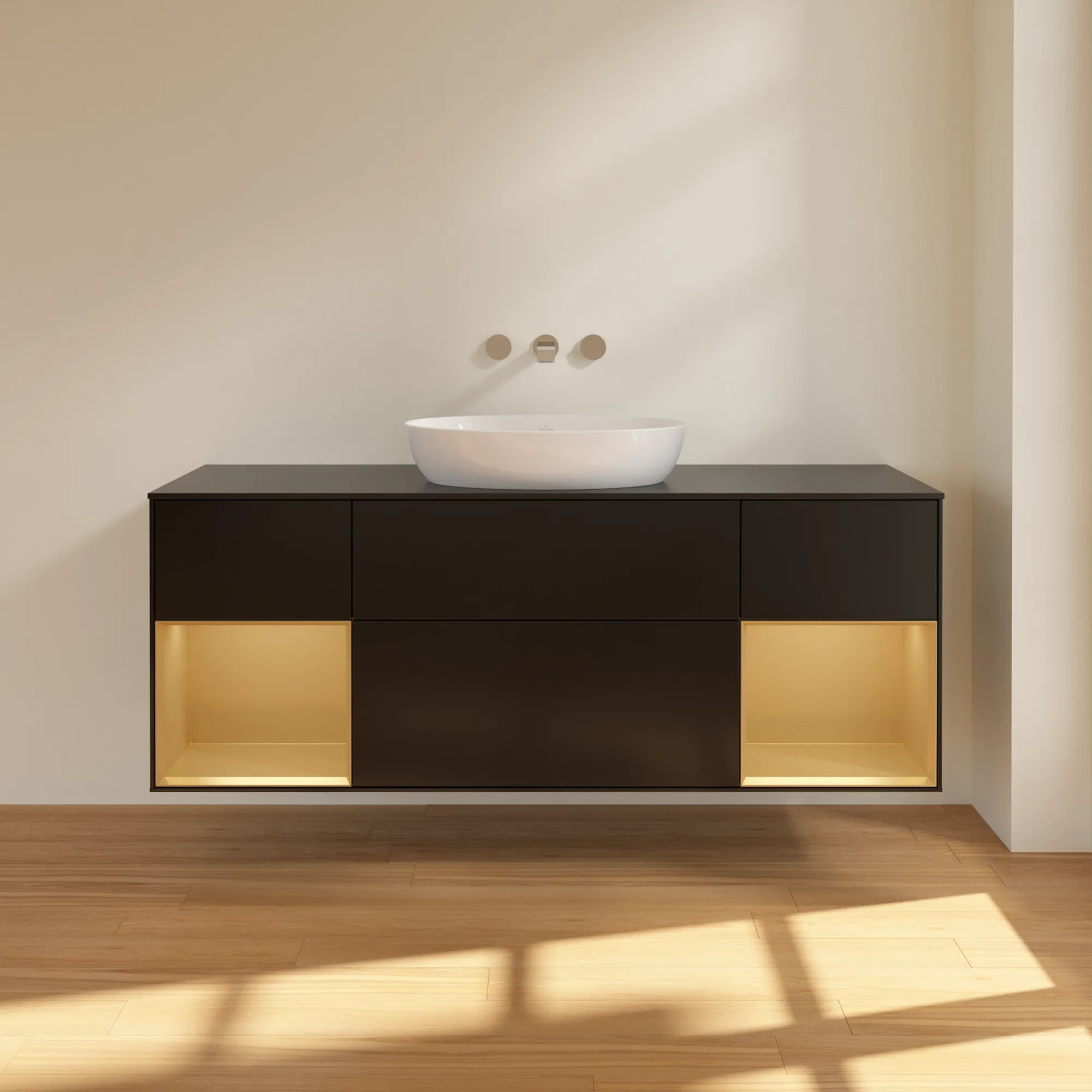 Villeroy & Boch Waschtischunterschrank „Finion“ für Schrankwaschtisch 1600 × 603 × 501 mm Black Matt Lacquer, für Becken mittig, ohne Hahnlochbohrung