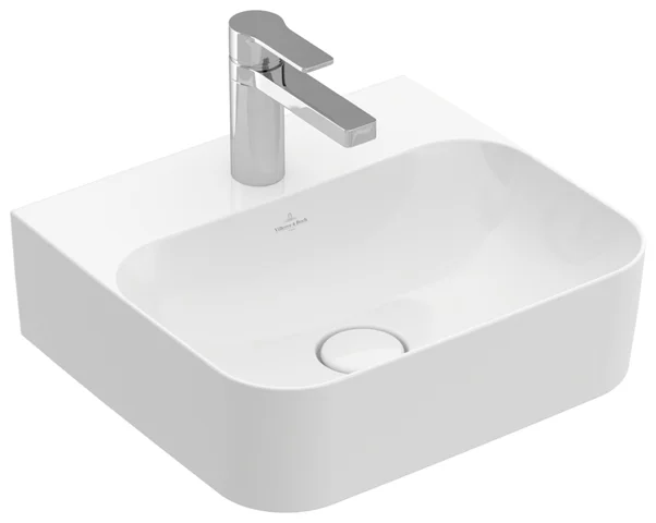 Villeroy & Boch Handwaschbecken aus TitanCeram geschliffen „Finion“ 430 × 390 × 140 mm, mit Hahnlochbohrung, Hahnlochposition mittig in Weiß Alpin, mit CeramicPlus