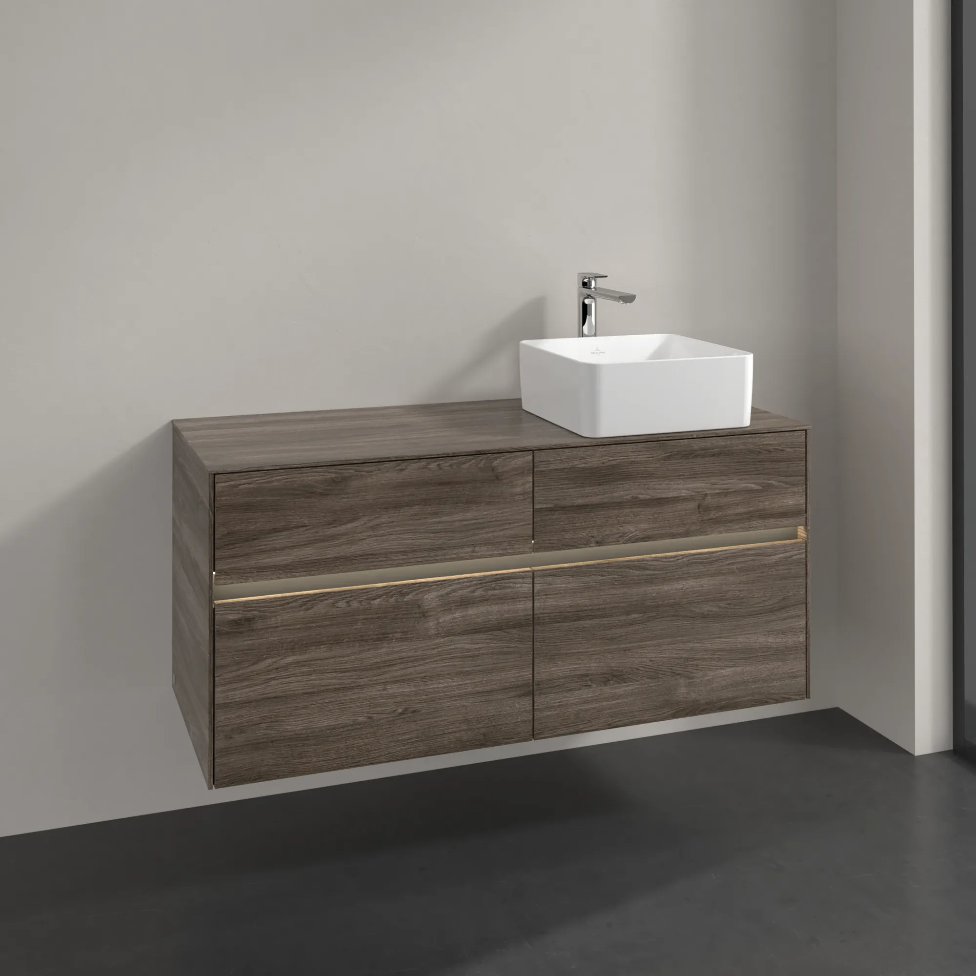 Villeroy & Boch Waschtischunterschrank „Collaro“ 1200 × 548 × 500 mm Stone Oak, für Becken rechts, mit Beleuchtung Villeroy & Boch Waschtischunterschrank „Collaro“ 1200 × 548 × 500 mm Stone Oak, für Becken rechts, mit Beleuchtung