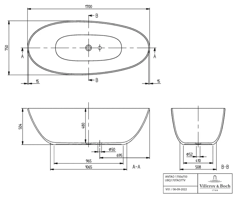 Villeroy & Boch Badewanne „Antao“ freistehend oval 170 × 75 cm