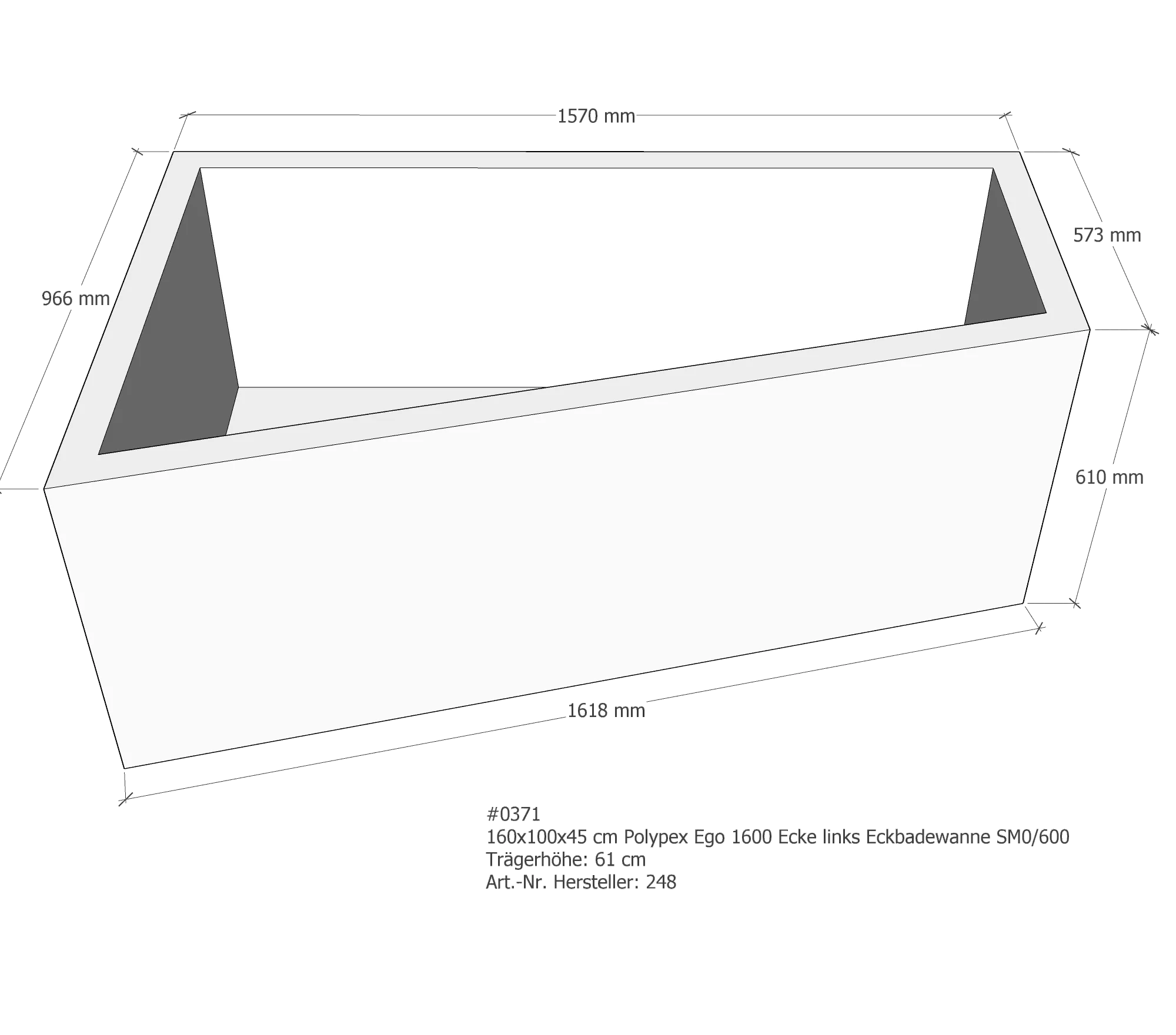 Badewannenträger passend für Polypex Ego 1600 Ecke links links 160 × 100 × 45 cm