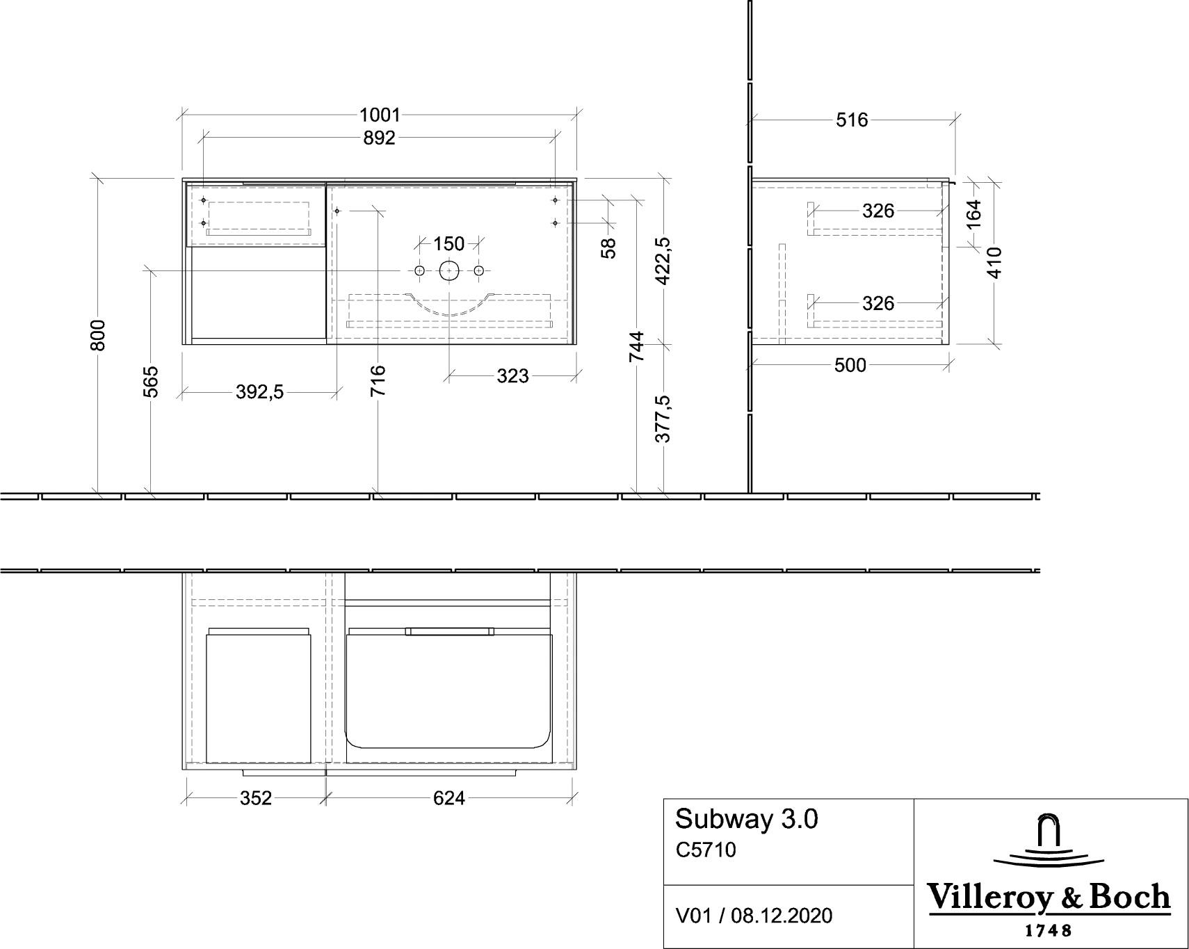 Villeroy & Boch Waschtischunterschrank mit Regalelement „Subway 3.0“ für Schrankwaschtisch 1001 × 423 × 516 mm Kansas Oak, für Becken rechts