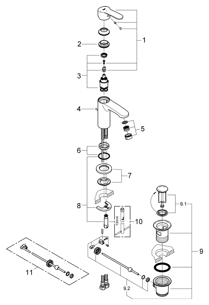 Einhand-Waschtischbatterie Eurostyle Cosmopolitan 23387_2, S-Size, Einlochmontage, Zugstangen-Ablaufgarnitur 1 1/4″, Energie-Spar-Funktion Mittelstellung kalt, chrom