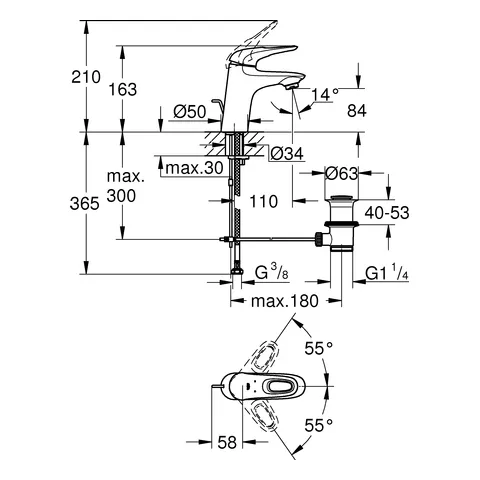 Einhand-Waschtischbatterie Eurostyle 33558_3, S-Size, Einlochmontage, offener Metall-Hebelgriff, Zugstangen-Ablaufgarnitur 1 1/4''