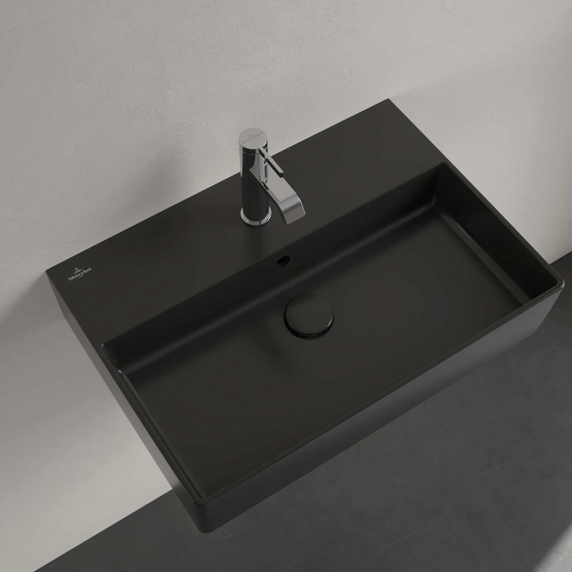 Villeroy & Boch Wandwaschtisch aus TitanCeram „Memento 2.0“ 600 × 420 × 135 mm, mit Hahnlochbohrung, Hahnlochposition mittig in Pure Black Villeroy & Boch Wandwaschtisch aus TitanCeram „Memento 2.0“ 600 × 420 × 135 mm, mit Hahnlochbohrung, Hahnlochposition mittig in Pure Black