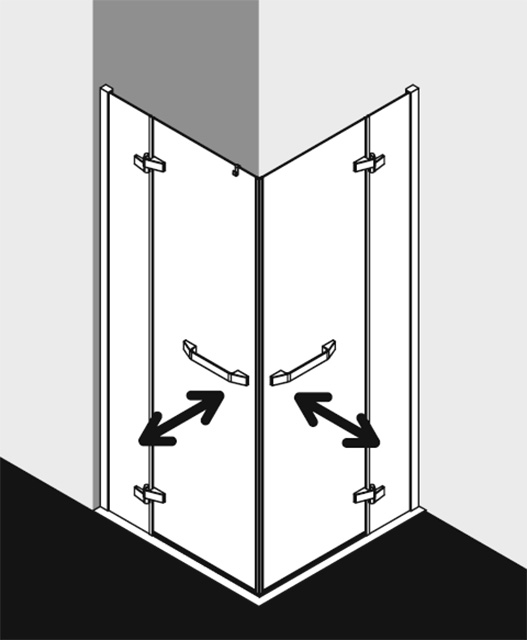 Kermi Duschabtrennung Eckeinstieg 2-teilig (Pendeltüren mit Festfeldern) Halbteil mit Wandprofil links „TUSCA“ in Glas Klar, BV: 725 - 745 mm GAK: 710 - 730 mm WE: 735 - 755 mm H: 2000 mm