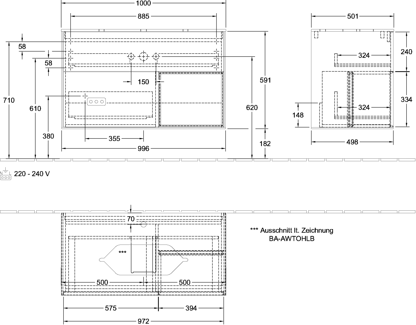 Villeroy & Boch Waschbeckenunterschrank Finion F25, 1000 x 603 x 501 mm, Black Matt Lacquer, mit Beleuchtung und Push-to-open Funktion
